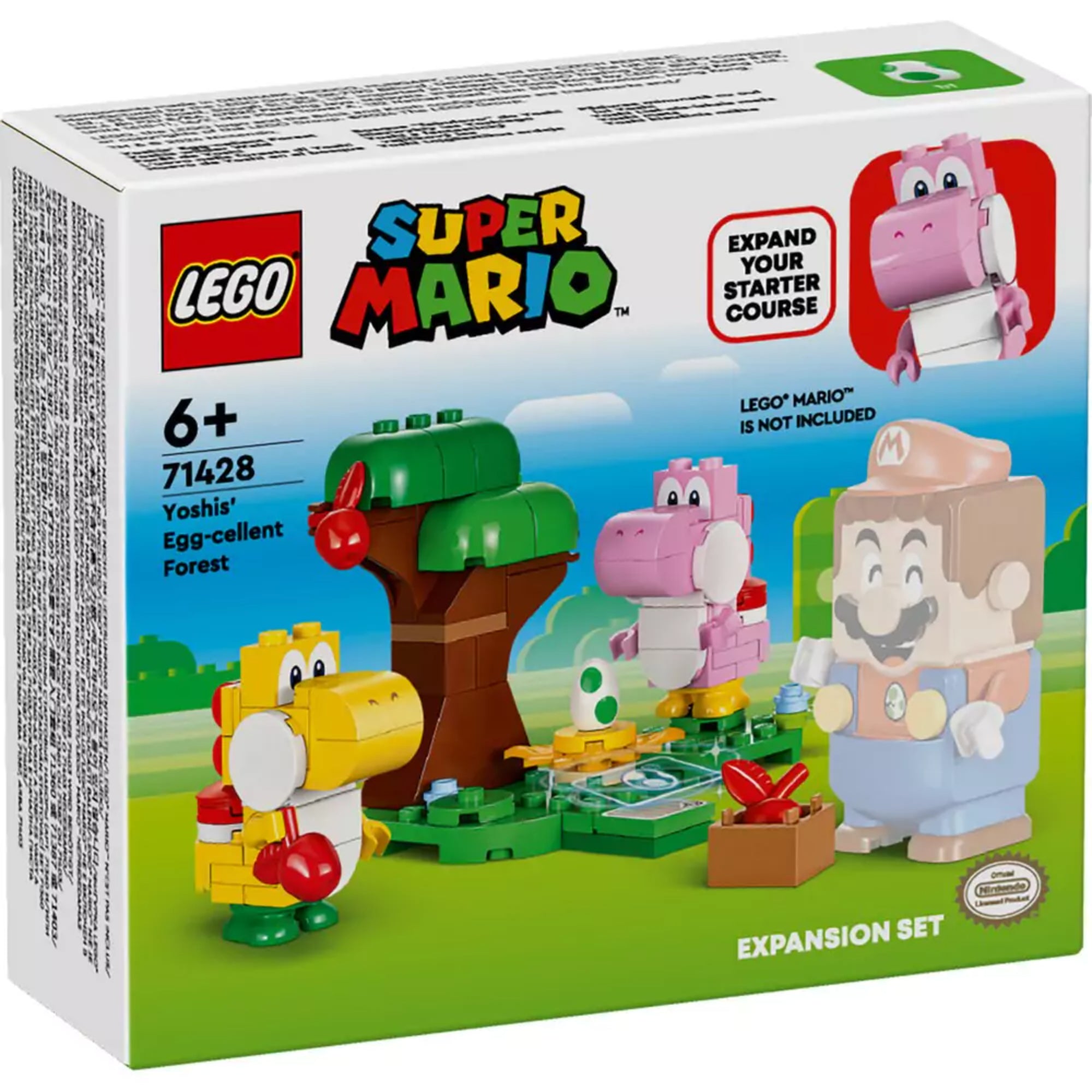 A LEGO Super Mario Yoshi tojglisztikus erdeje kiegészítő szett (71428) doboza elölnézetből, rajta a két Yoshi figura, egy fa, tojás és Mario illusztrációja.