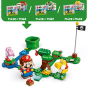 Játékkörnyezetet bemutató illusztráció a LEGO Super Mario Yoshi tojglisztikus erdeje kiegészítő szettből (71428), Mario figurával, Yoshikkal, fával, tojással és zászlóval kiegészítve.