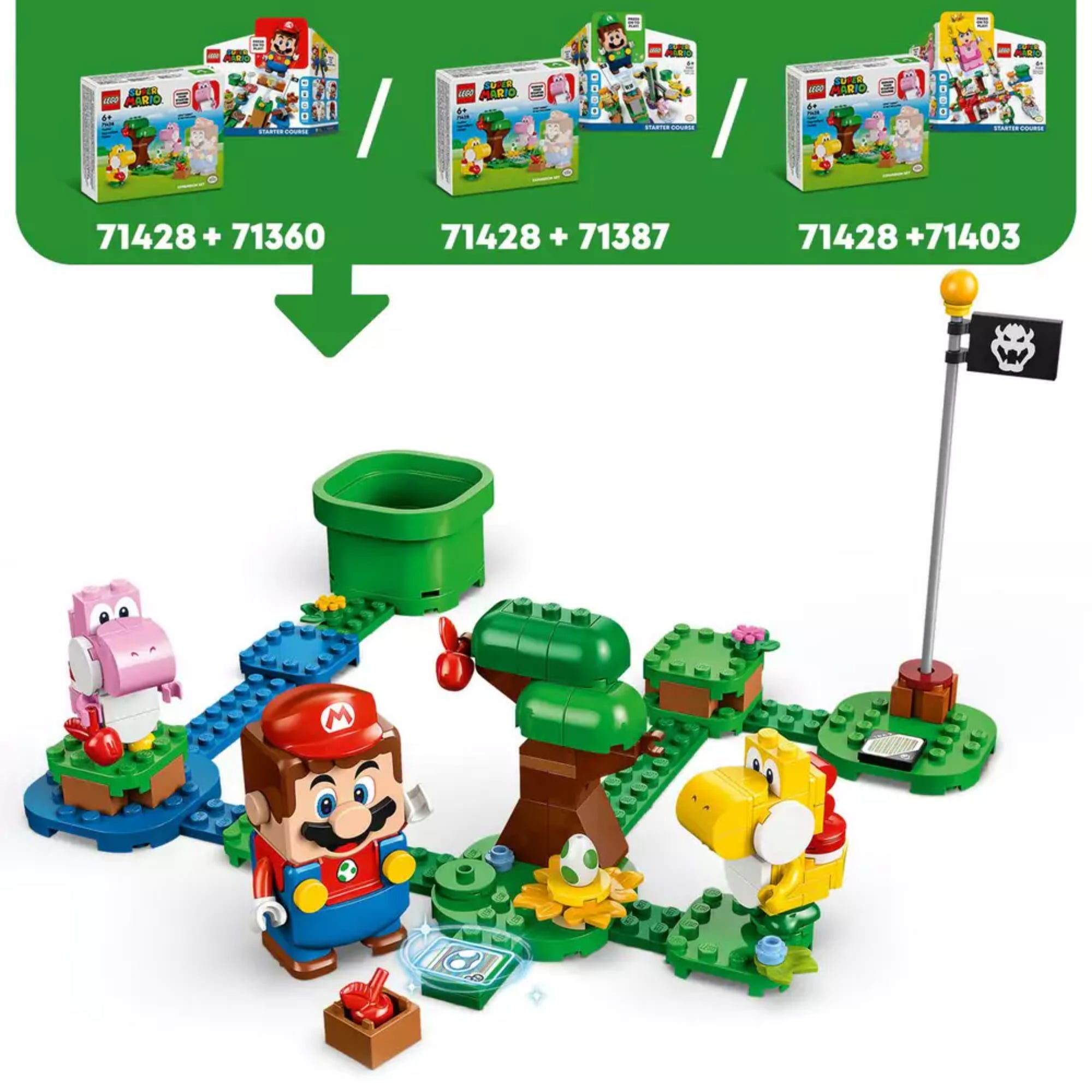Játékkörnyezetet bemutató illusztráció a LEGO Super Mario Yoshi tojglisztikus erdeje kiegészítő szettből (71428), Mario figurával, Yoshikkal, fával, tojással és zászlóval kiegészítve.