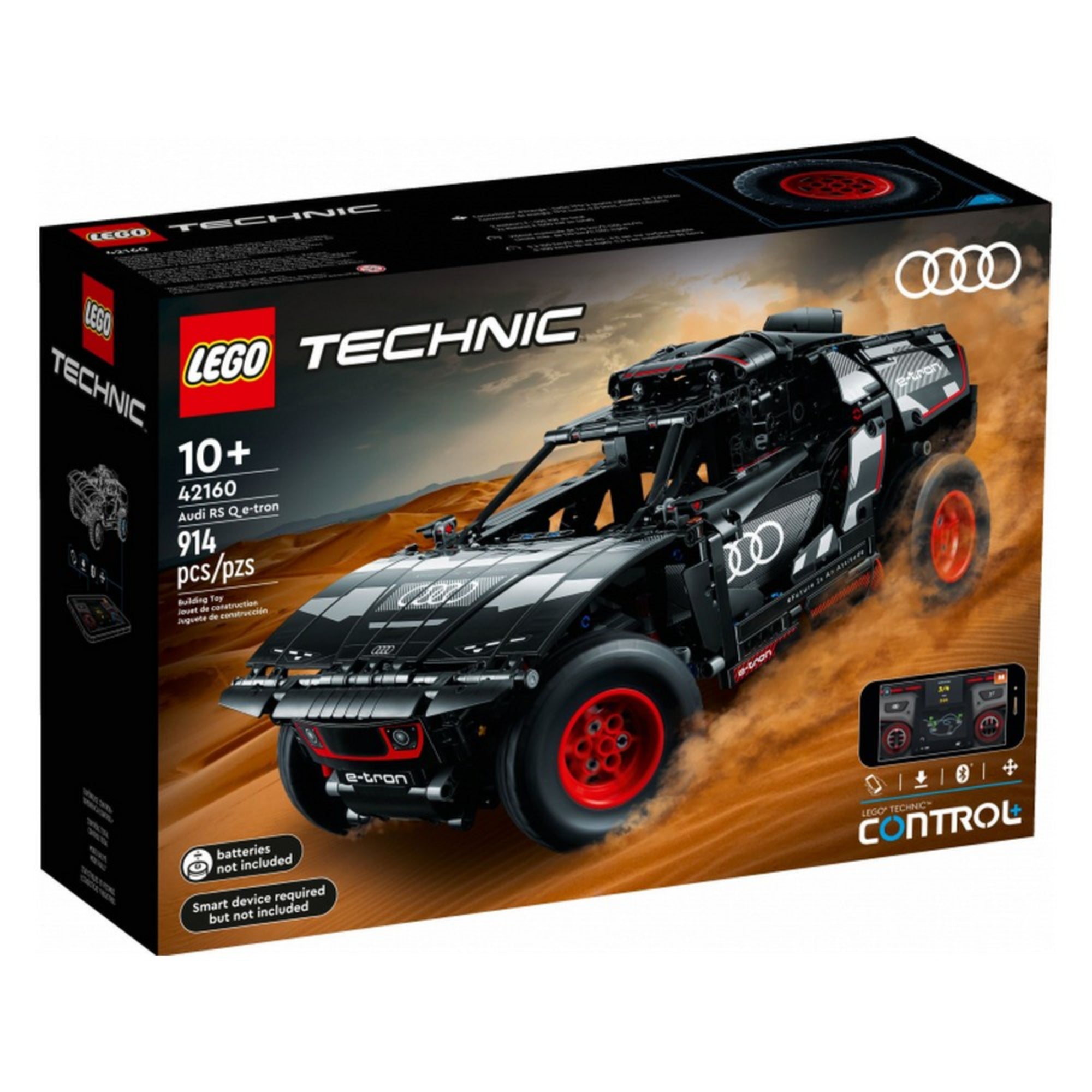LEGO Technic Audi RS Q e-tron 42160 doboza, amely bemutatja a sivatagos háttérben száguldó modellt, valamint a 914 darabos készletre és az irányíthatóságra utaló CONTROL+ funkcióra is felhívja a figyelmet.
