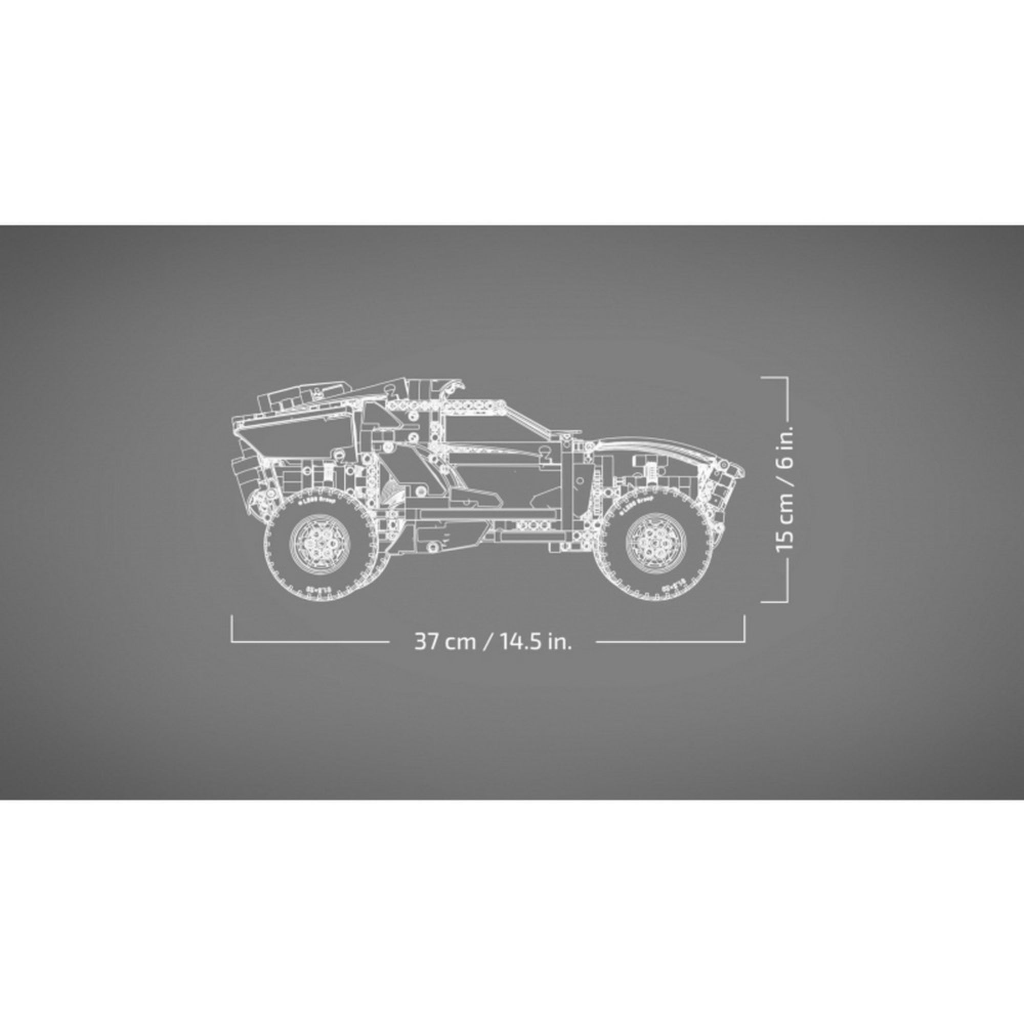 LEGO Technic Audi RS Q e-tron 42160 modell sematikus oldalnézeti rajza, amely megadja a kész modell méreteit: 37 cm hosszú és 15 cm magas.