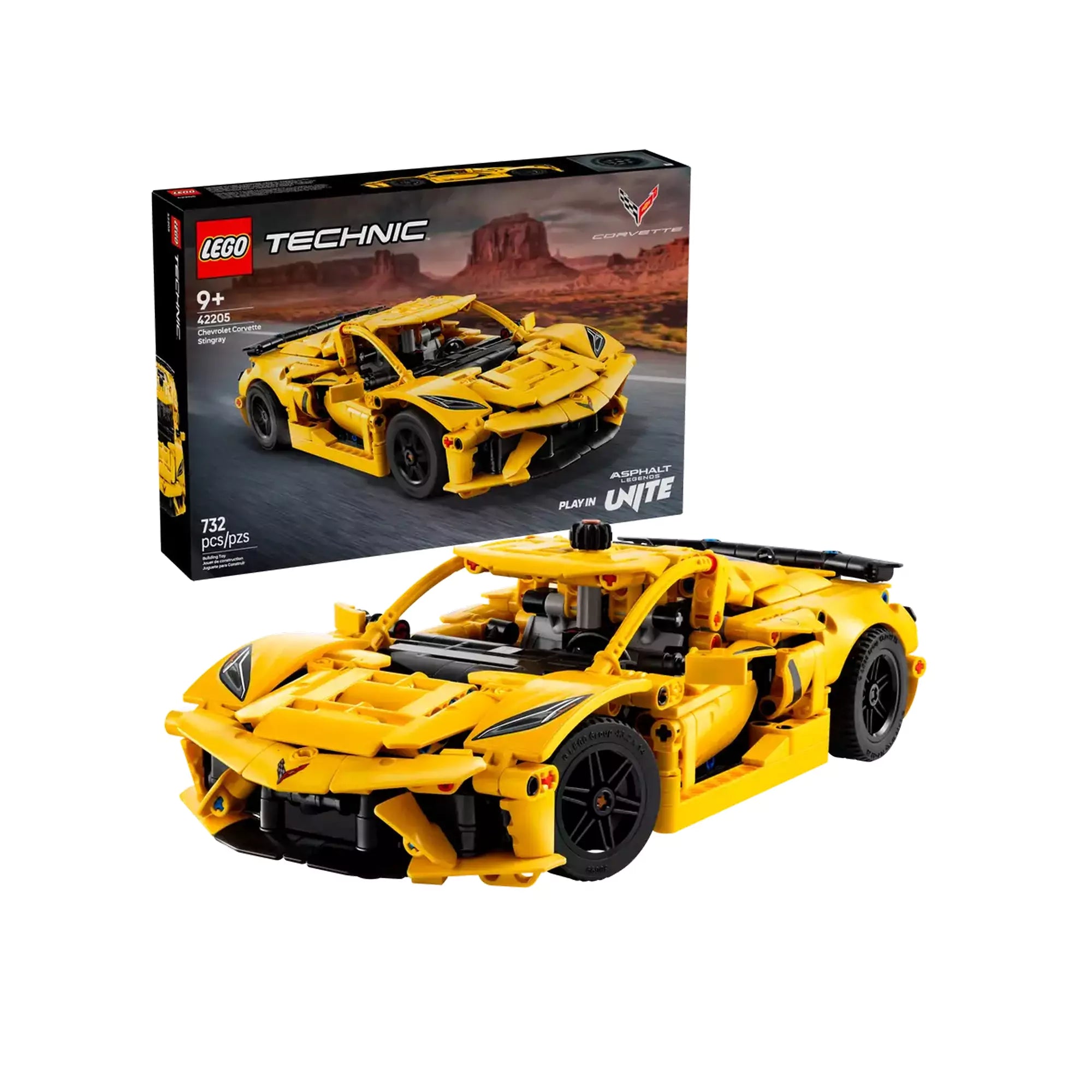 LEGO Technic Chevrolet Corvette Stingray (42205) modell és doboza együtt, kiállításra kész formában.