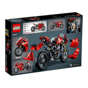 A LEGO Technic Ducati Panigale V4 R (42107) doboz hátoldala, ahol a részletezett alkatrészek, funkciók és méretarányos nézetek is láthatók.