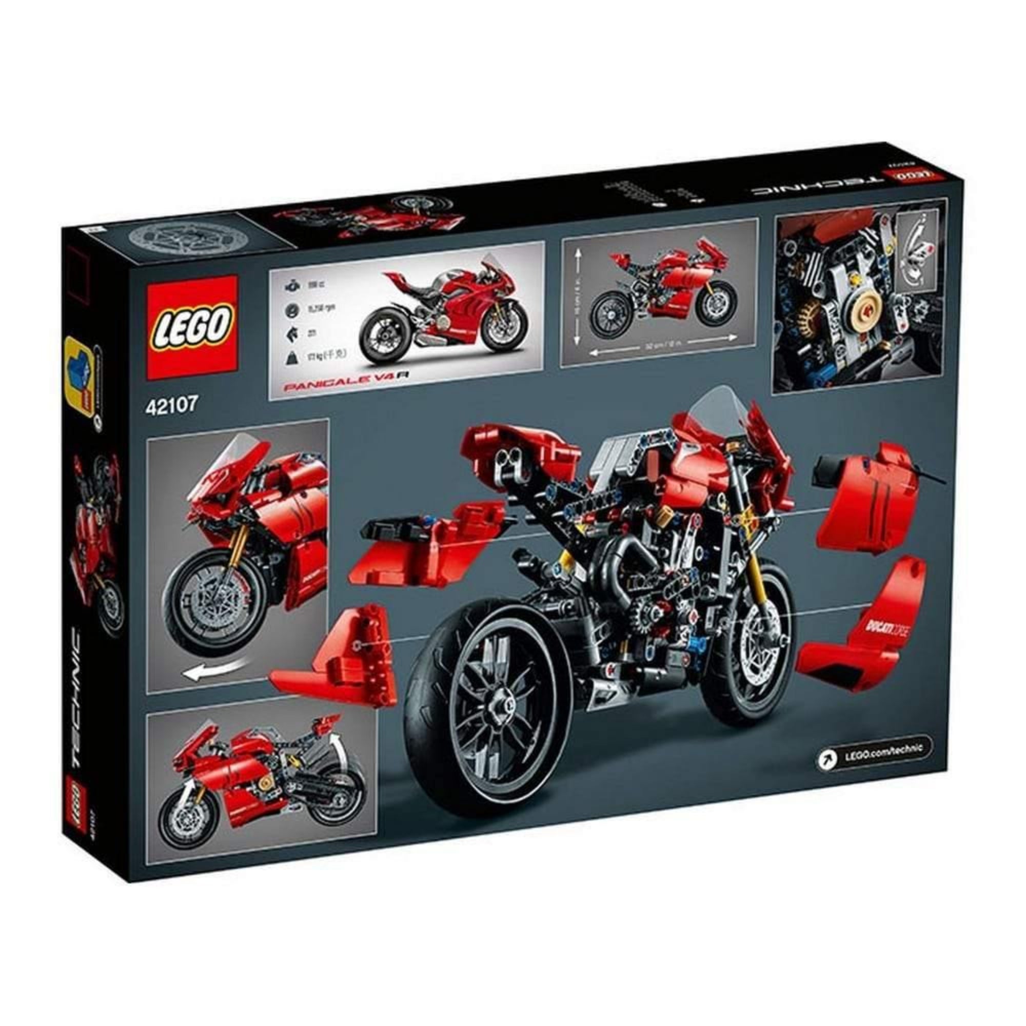 A LEGO Technic Ducati Panigale V4 R (42107) doboz hátoldala, ahol a részletezett alkatrészek, funkciók és méretarányos nézetek is láthatók.