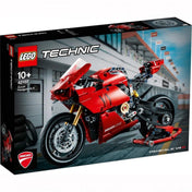 A LEGO Technic Ducati Panigale V4 R (42107) készlet doboza, mely a sportmotor látványos képét ábrázolja pályán való száguldás közben.
