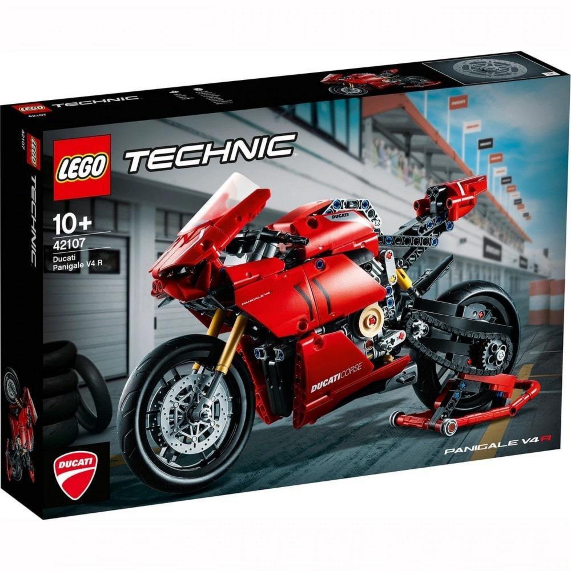 A LEGO Technic Ducati Panigale V4 R (42107) készlet doboza, mely a sportmotor látványos képét ábrázolja pályán való száguldás közben.