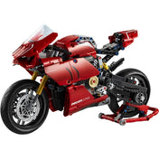 Részletesen összerakott LEGO Technic Ducati Panigale V4 R (42107) motor oldalnézetből, piros karosszériával és sportos versenystílussal.