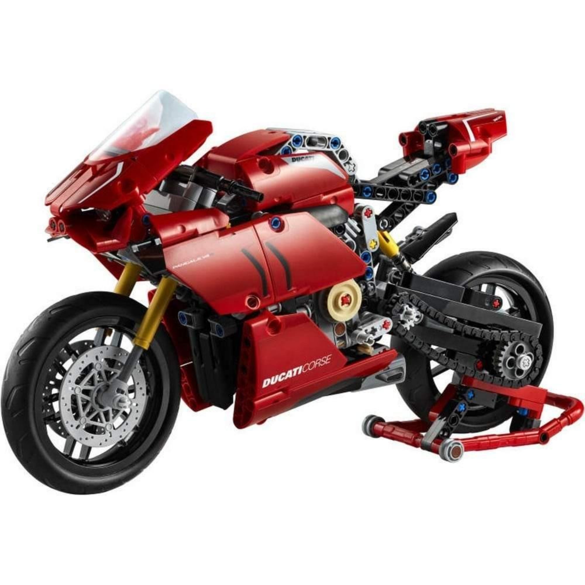 Részletesen összerakott LEGO Technic Ducati Panigale V4 R (42107) motor oldalnézetből, piros karosszériával és sportos versenystílussal.