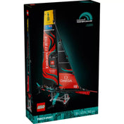A LEGO Technic Emirates Team New Zealand AC75 (42174) szett elegáns, fekete háttérrel ellátott doboza, rajta a kész modell képe és darabszám feltüntetve.