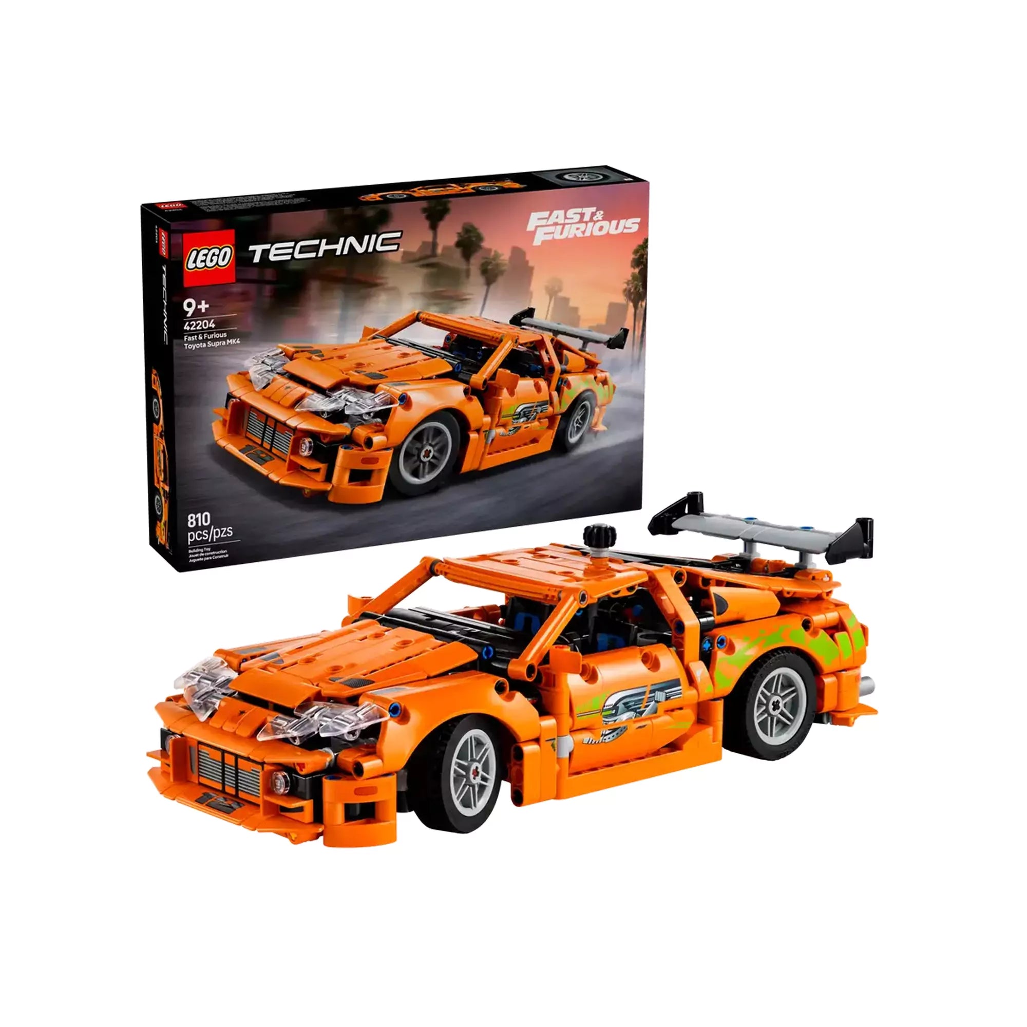 LEGO Technic Fast and Furious Toyota Supra MK4 (42204) modell a dobozzal együtt, bemutatva az ikonikus sportautót.