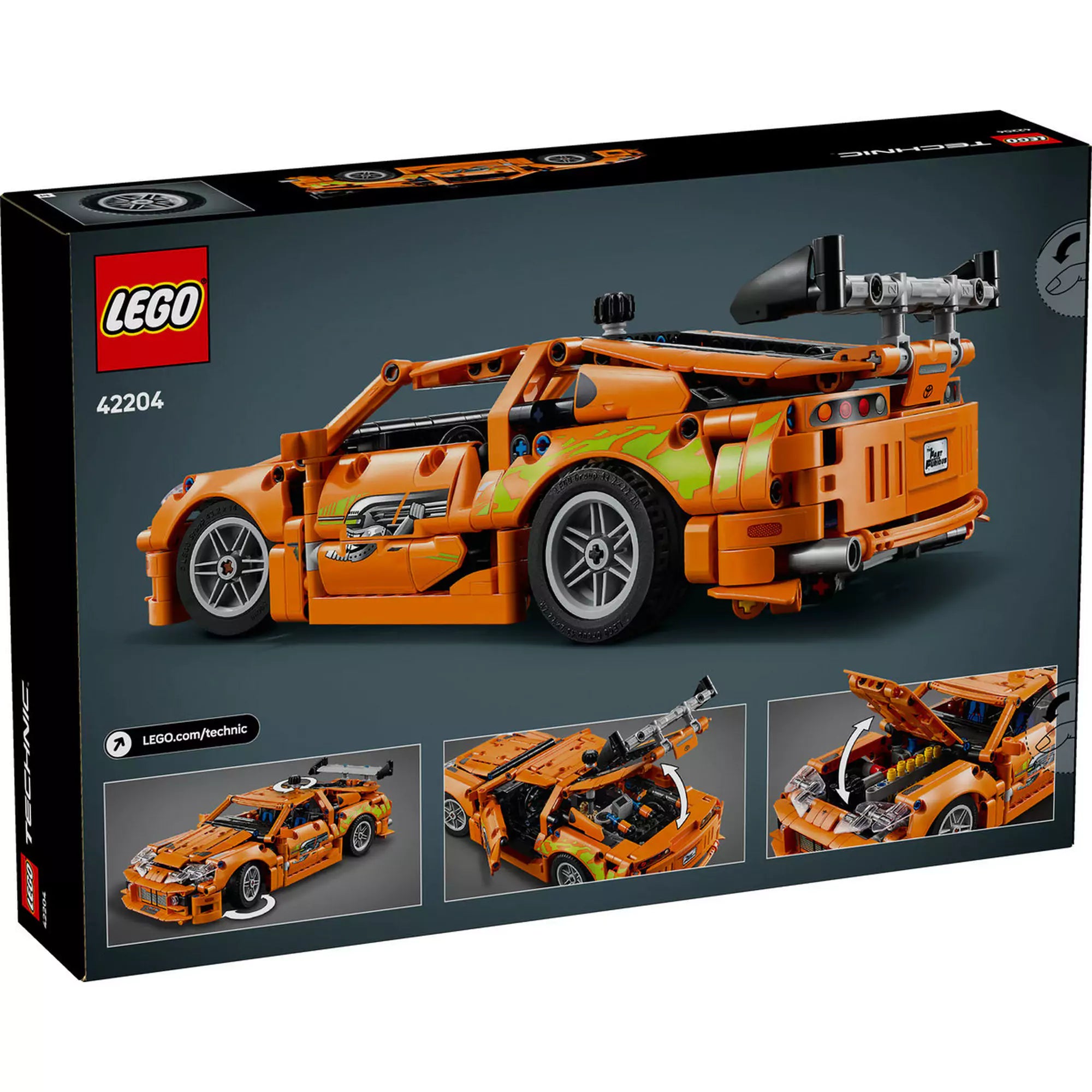  LEGO Technic Fast and Furious Toyota Supra MK4 (42204) hátulnézetből, kiemelve a részleteket és mozgó funkciókat.