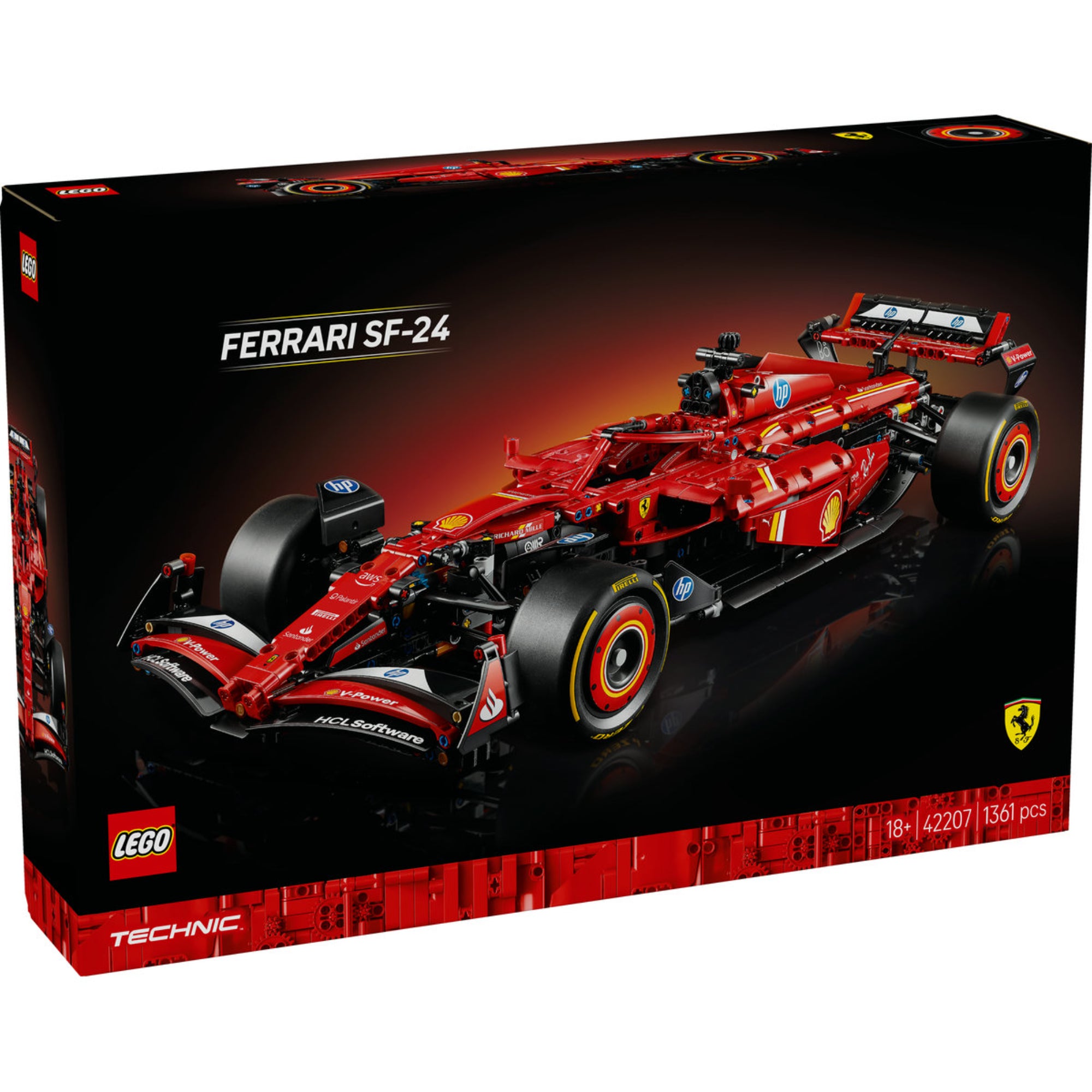 A LEGO Technic Ferrari SF-24 F1 (42207) építőkészlet doboza, amely a legendás versenyautó részletes és élethű modelljét mutatja be.