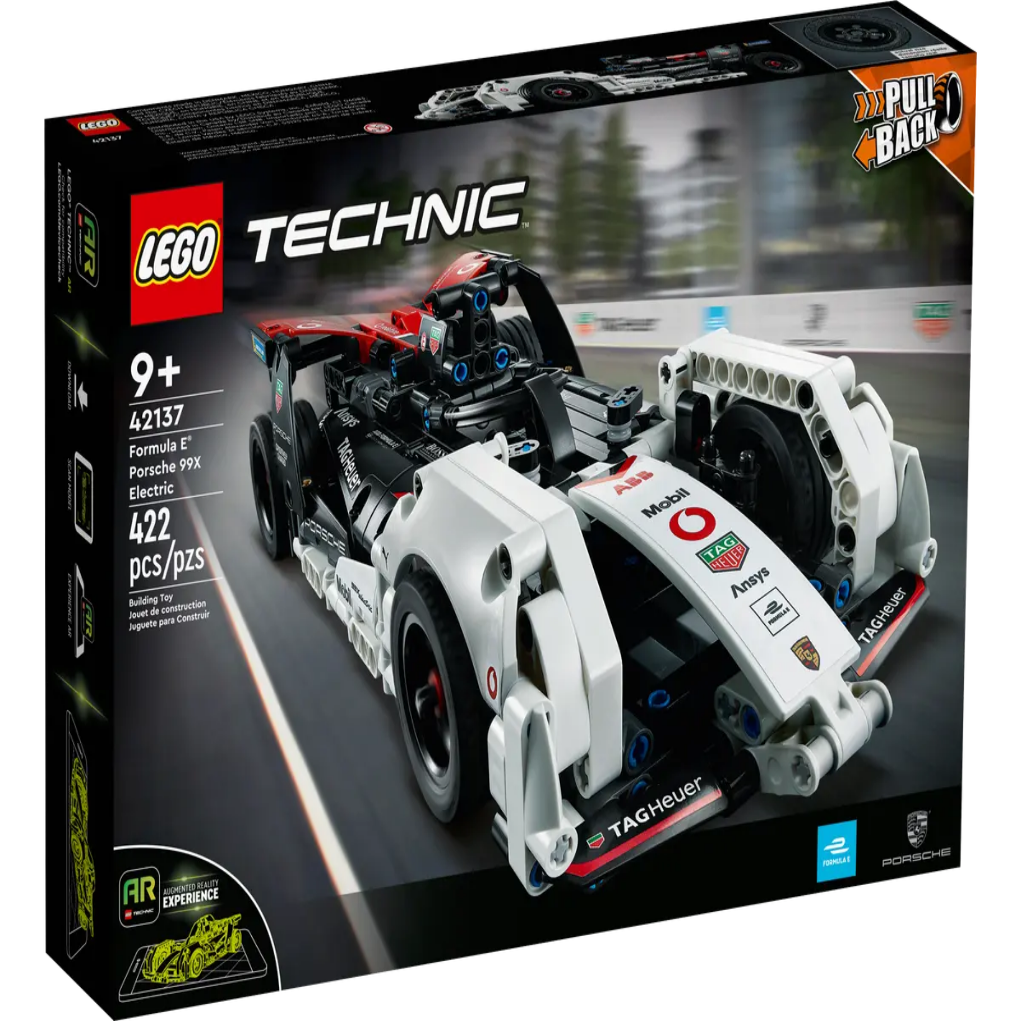 A LEGO Technic Formula E Porsche 99X Electric (42137) doboza, amely a visszahúzós funkciójú, 422 darabból álló versenyautót ábrázolja versenypályán.