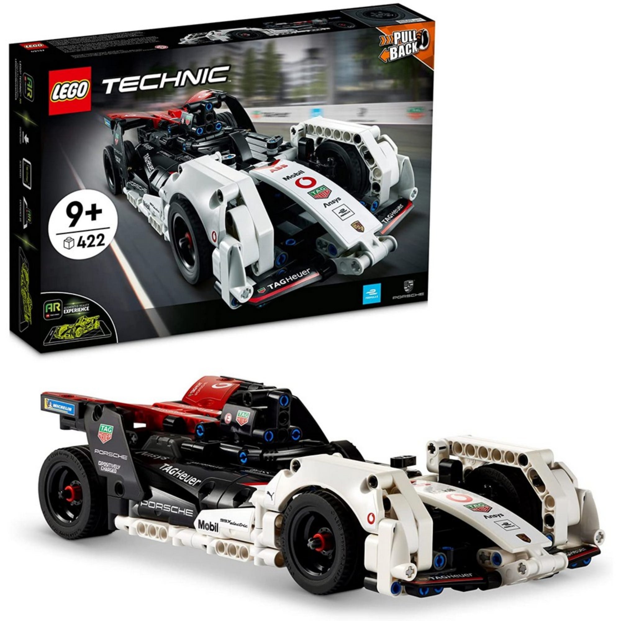 A LEGO Technic Formula E Porsche 99X Electric (42137) doboza és az összerakott modell egy képen, részletgazdag versenyautó fekete, piros és fehér színekben.