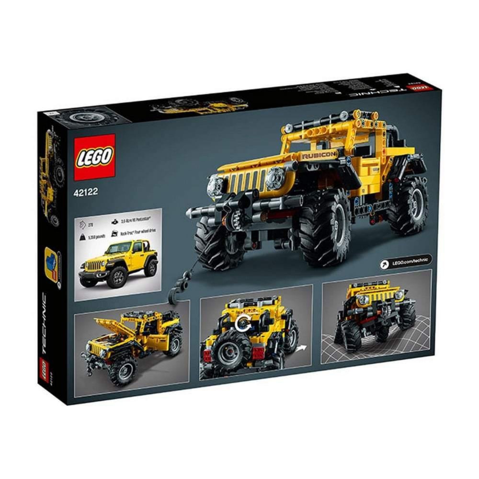LEGO Technic Jeep Wrangler 42122 készlet hátoldala, bemutatva a modell funkcióit, például a működő csörlőt és a hátsó felfüggesztést.