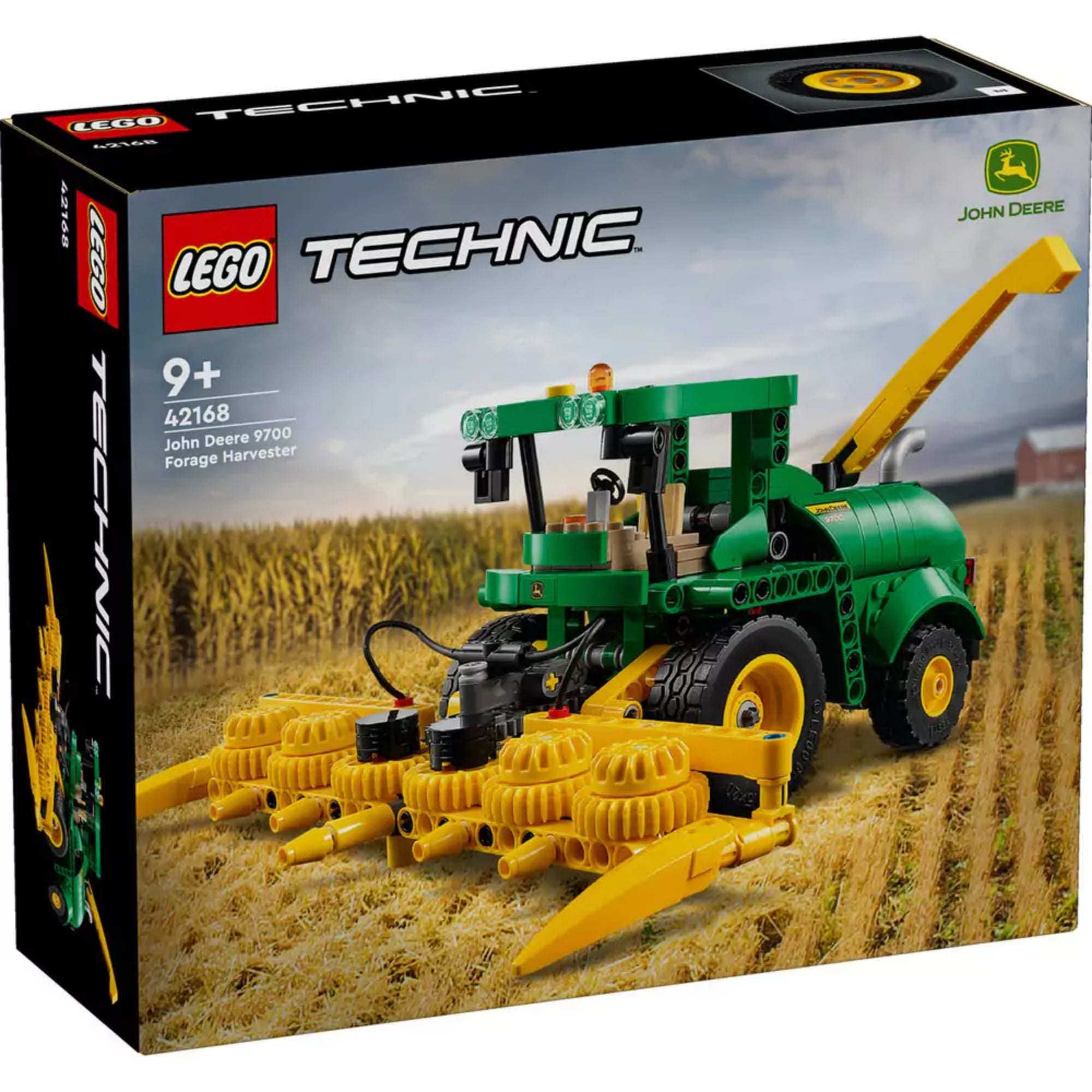 A LEGO Technic 42168 – John Deere 9700 silózó doboza, amelyen a kész modell látható mezőgazdasági környezetben, John Deere logóval és korosztályi ajánlással.