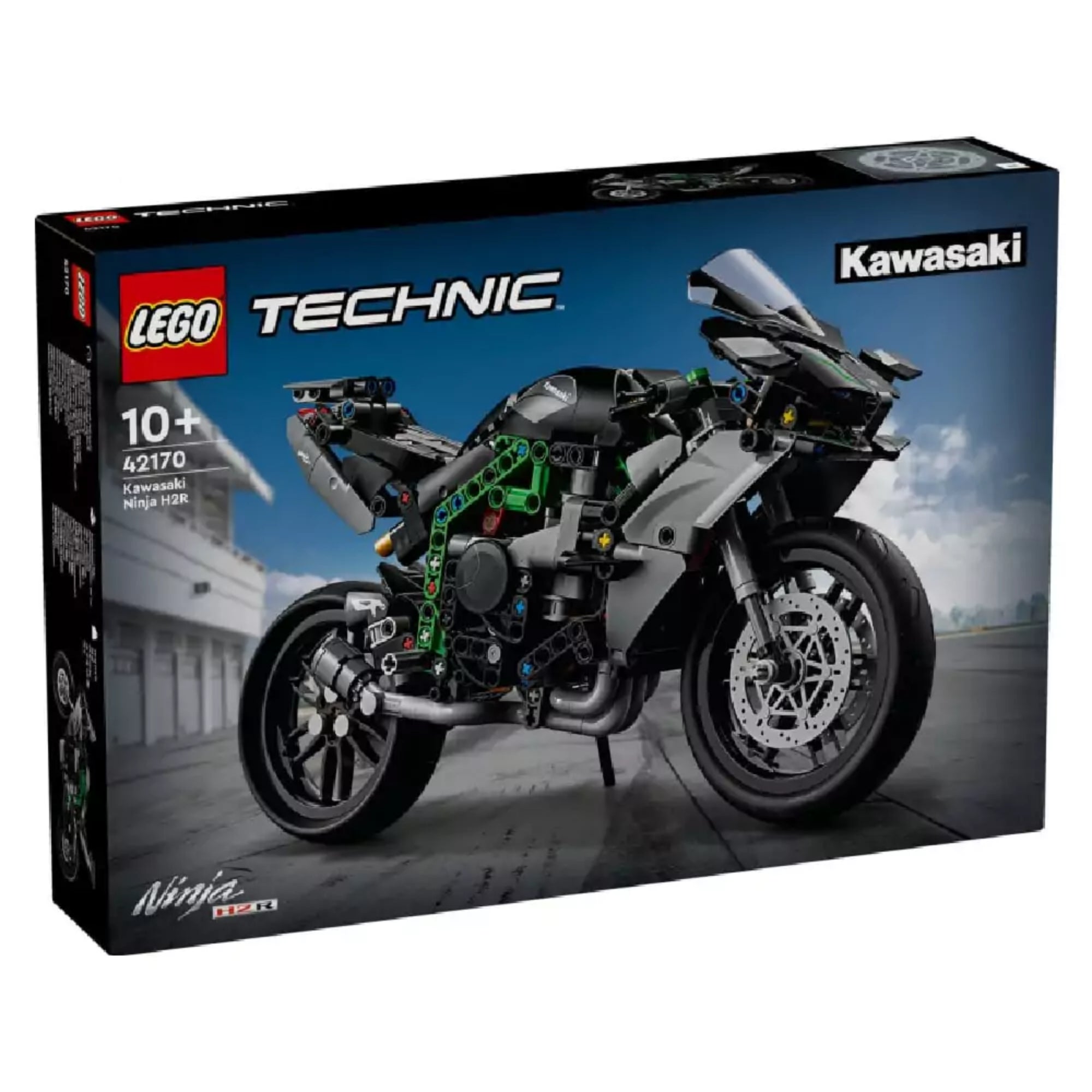 A LEGO Technic Kawasaki Ninja H2R motorkerékpár szett doboza szemből, az összeszerelt járművel és a Kawasaki hivatalos logójával a háttérben versenypályát idéző háttérrel.
