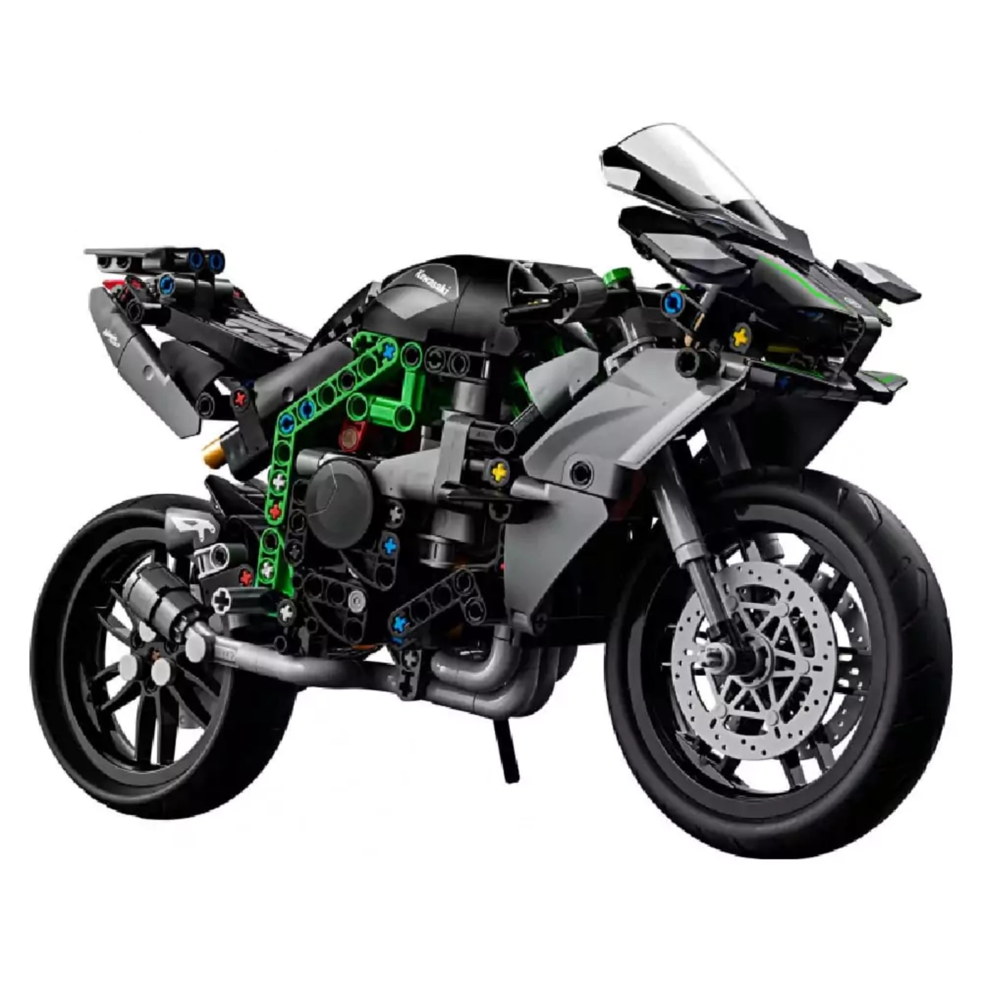 Részletesen megépített LEGO Technic Kawasaki Ninja H2R motorkerékpár modell elölről és oldalról, fekete és zöld színvilággal, valósághű elemekkel és sportos dizájnnal.