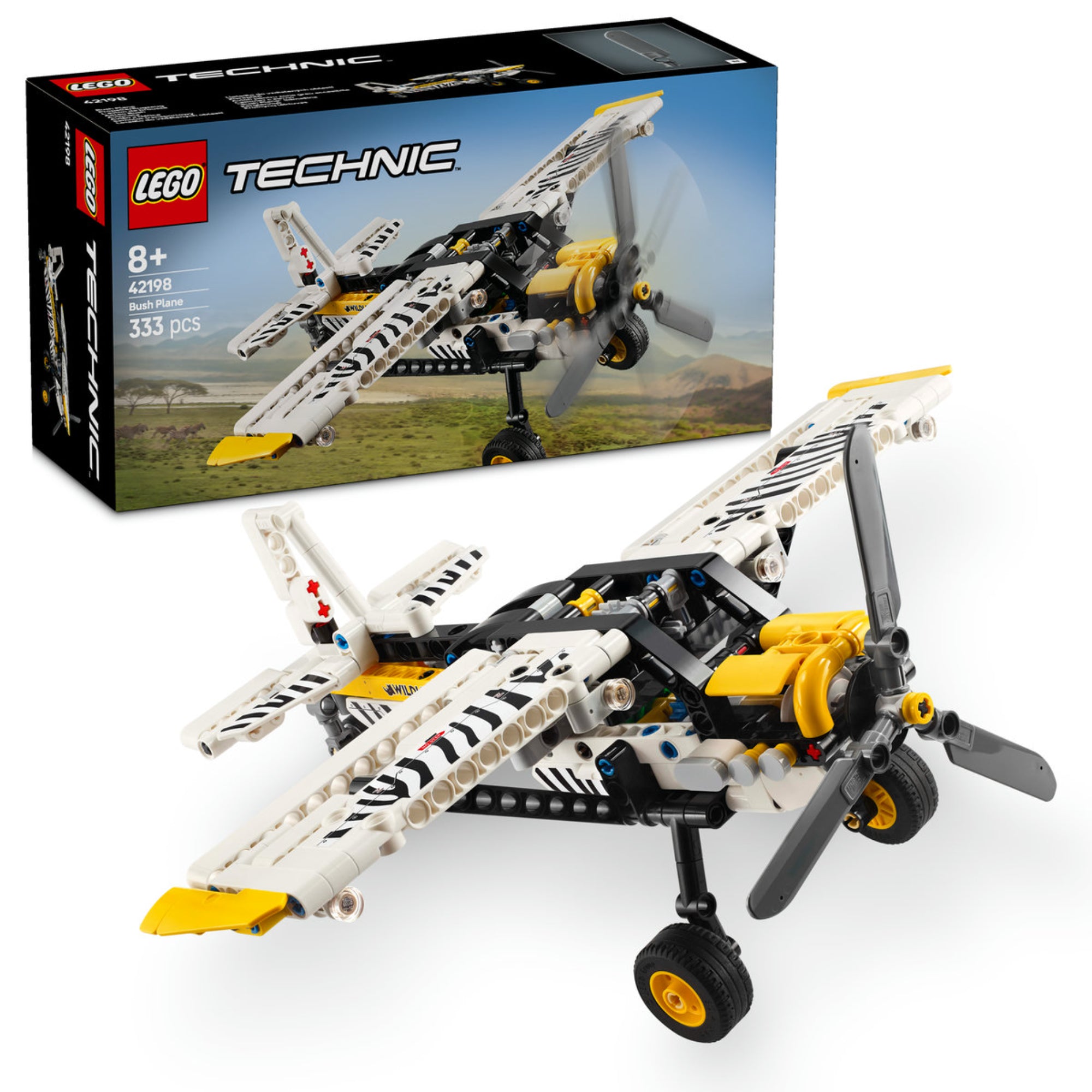 LEGO Technic Kisrepülő 42198 készlet, amelyet felépítve és a doboza előtt látható. A repülőgép fehér és fekete mintázattal, sárga és fekete elemekkel díszítve, valamint három kereke és egy sárga orrpropeller áll rendelkezésre, amely dinamikus mozgásban van a képen.