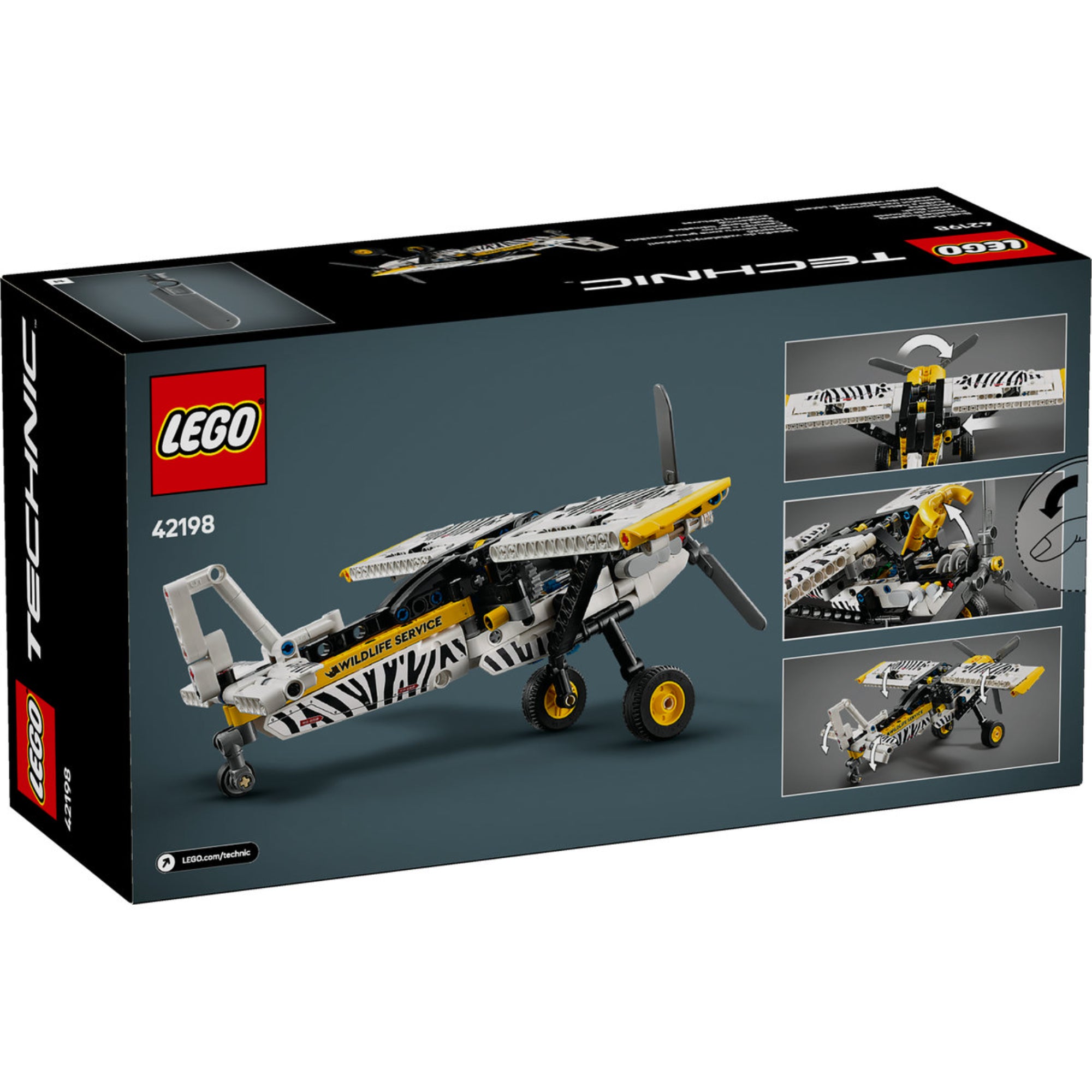 LEGO Technic Kisrepülő 42198 doboza, amelyen a jármű három különböző beállításban látható, köztük repülés közben, és az álló helyzetek, amelyek bemutatják a modell műszaki jellemzőit és funkcióit.