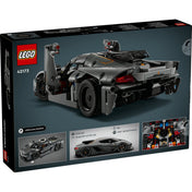 A LEGO Technic Koenigsegg Jesko Absolut szett hátoldala, rajta a modell hátulnézete és extra funkciók, mint a mozgó motor és nyitható vezetőfülke.