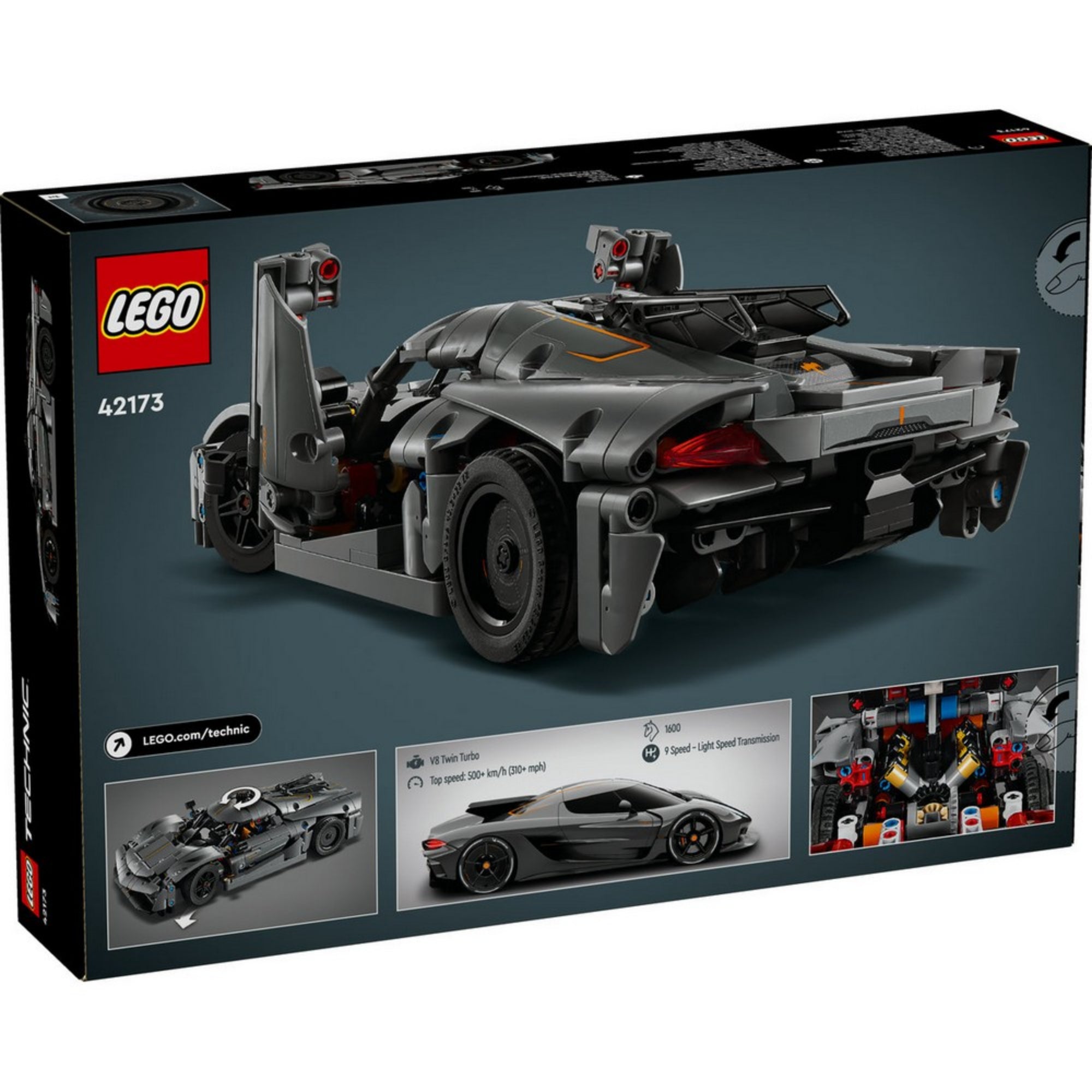 A LEGO Technic Koenigsegg Jesko Absolut szett hátoldala, rajta a modell hátulnézete és extra funkciók, mint a mozgó motor és nyitható vezetőfülke.