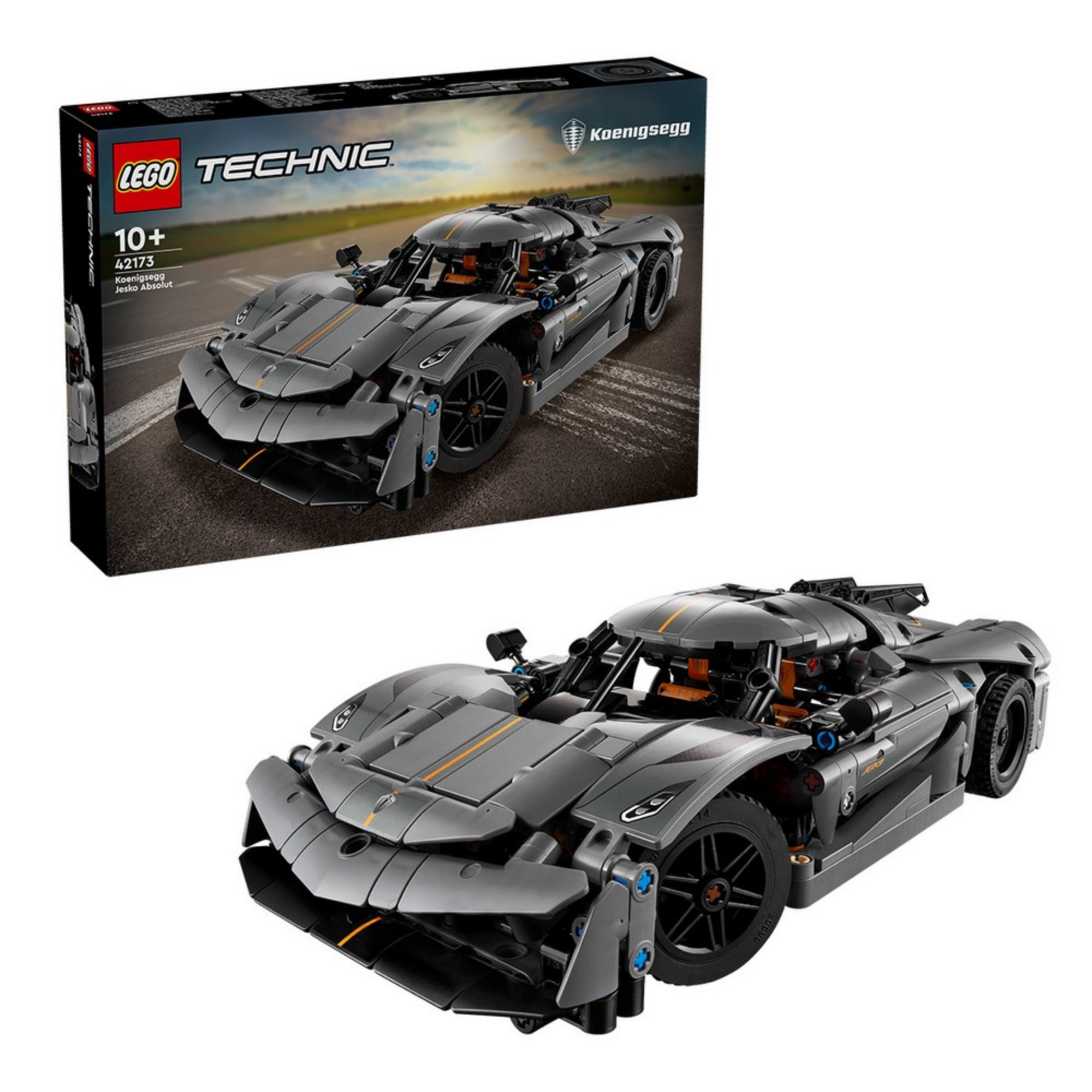 LEGO Technic Koenigsegg Jesko Absolut hiperautó a csomagolás előtt és mellett bemutatva; a doboz dinamikus háttérrel és az autóversenypálya motívumaival.