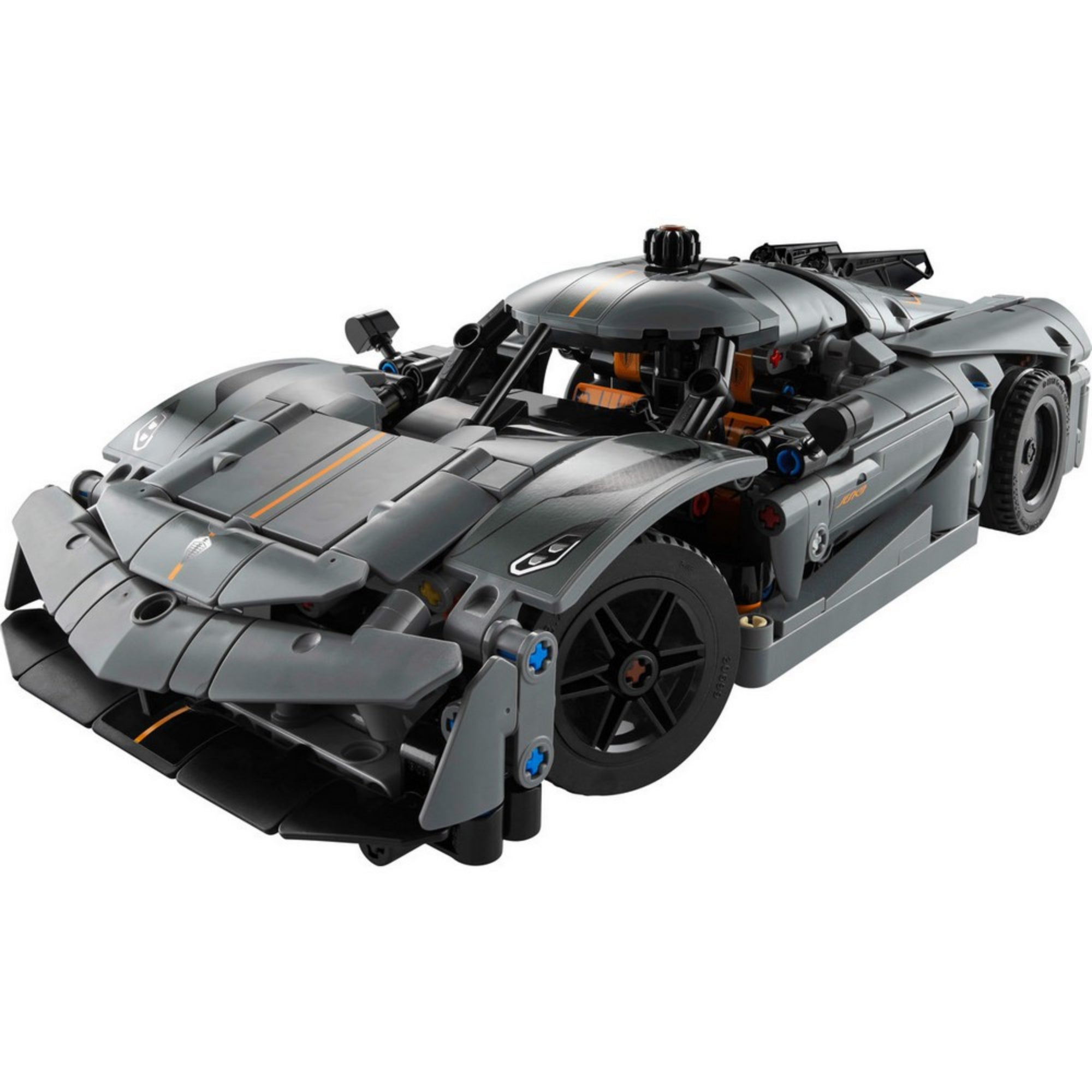 LEGO Technic Koenigsegg Jesko Absolut szürke hiperautó összeszerelt modellje, sportos aerodinamikai elemekkel, narancssárga díszcsíkkal és részletgazdag első homlokfallal.