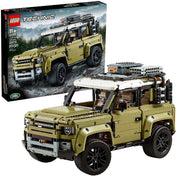 LEGO Technic Land Rover Defender (42110, 2573 darabos) szett doboza és az összeszerelt terepjáró modell részletes külső megjelenéssel, zöld-fekete színvilágban.