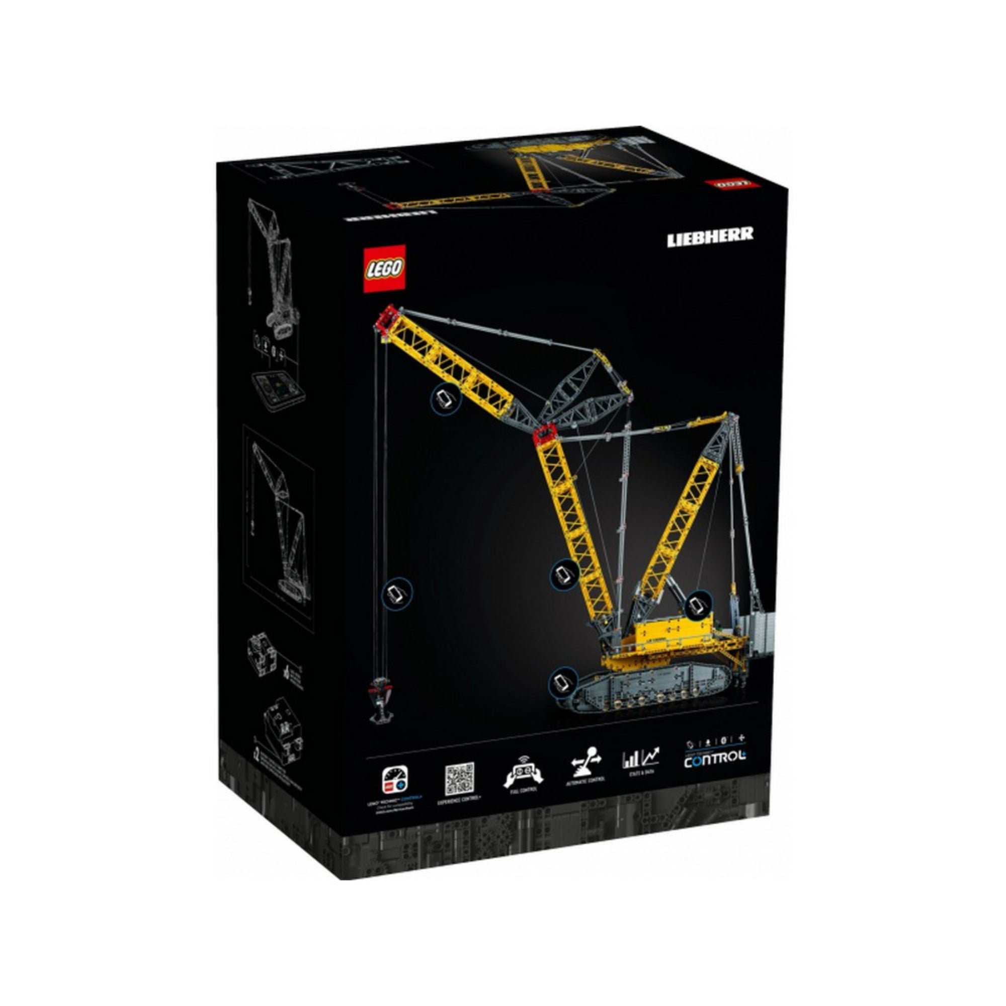 A LEGO Technic Liebherr LR 13000 daru (42146) dobozának hátoldala, bemutatva az alkalmazáson keresztül irányítható funkciókat és technikai részleteket.