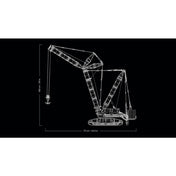 Fekete háttérre rajzolt fehér kontúros ábra a LEGO Technic Liebherr LR 13000 daruról (42146), méretekkel: 100 cm magas és 111 cm hosszú modell.