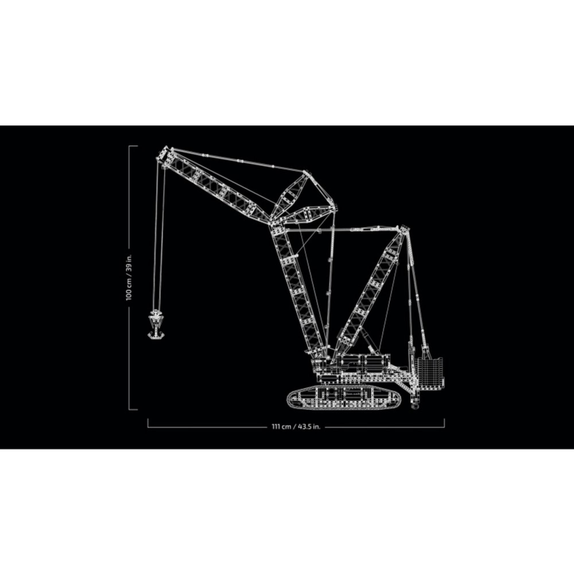 Fekete háttérre rajzolt fehér kontúros ábra a LEGO Technic Liebherr LR 13000 daruról (42146), méretekkel: 100 cm magas és 111 cm hosszú modell.