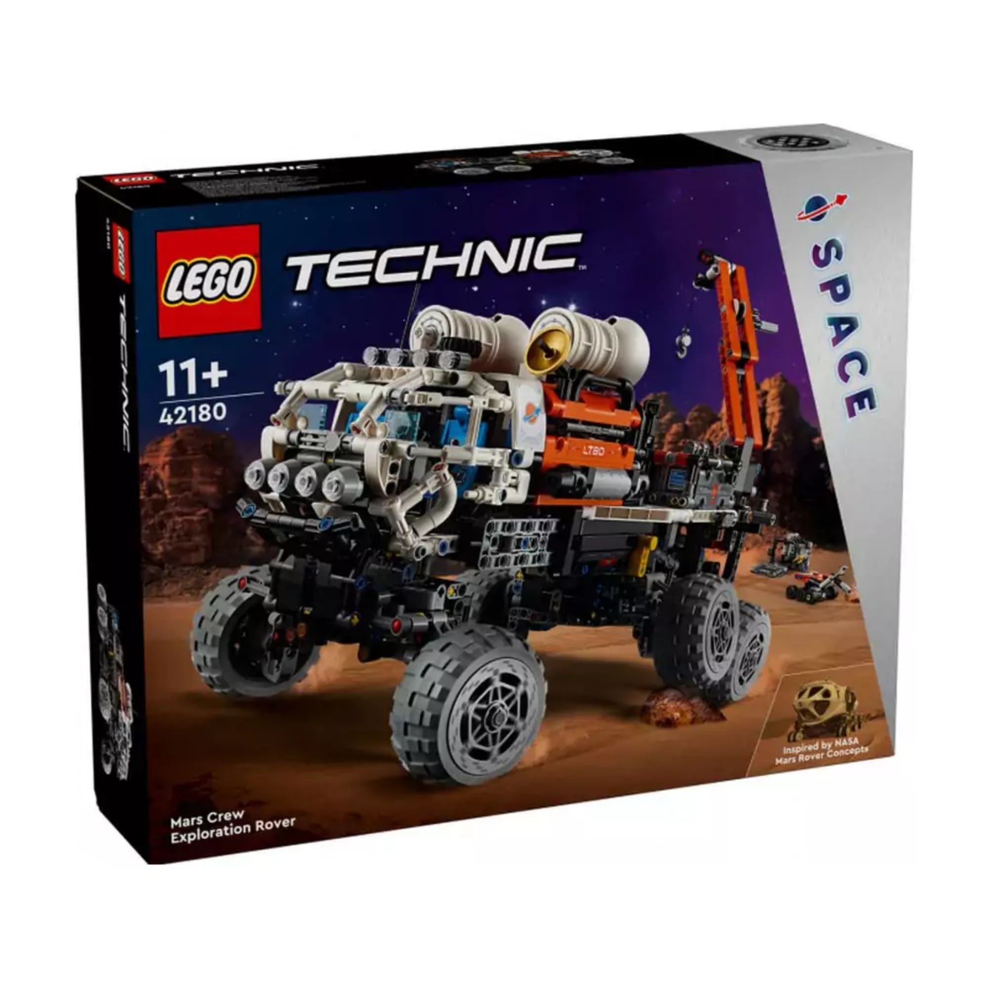 A LEGO Technic Marskutató űrjármű (42180) doboza, sötétlila űrháttérrel, 11+ korosztály megjelöléssel és az "Inspired by NASA" logóval.