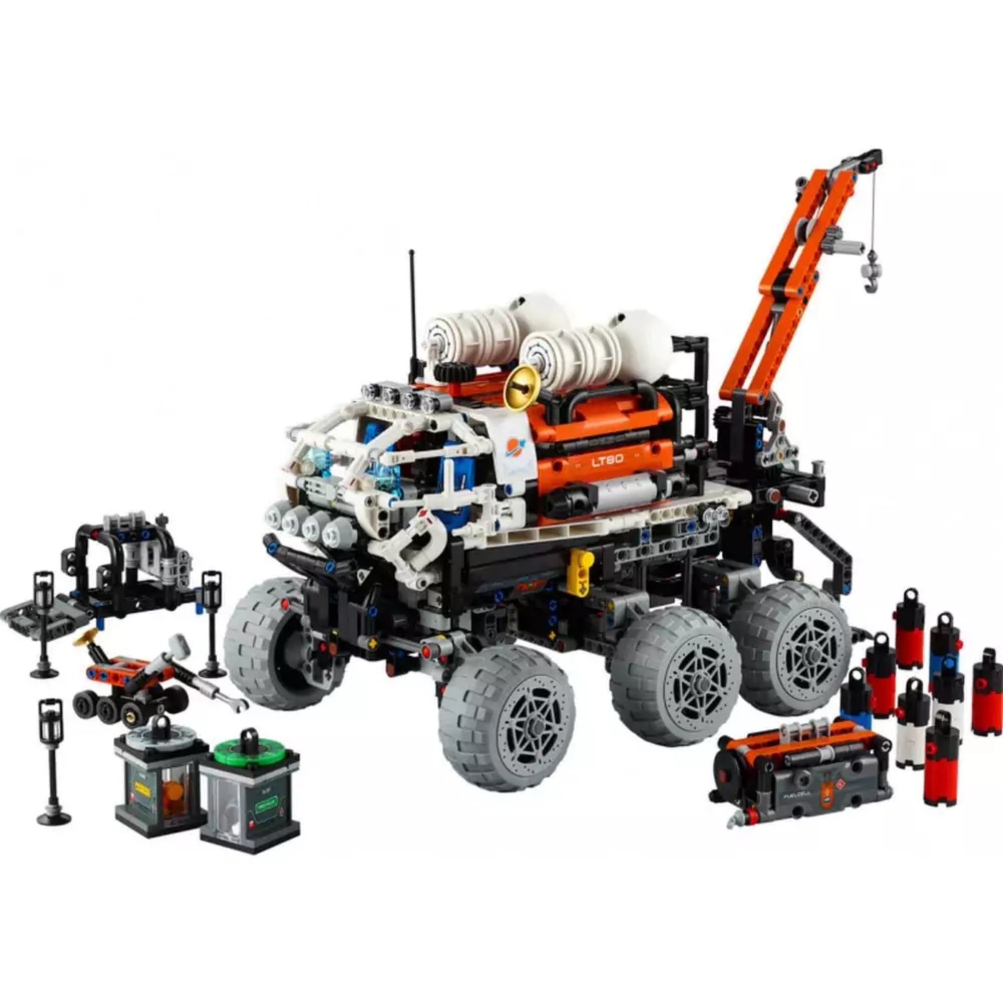 A LEGO Technic Marskutató űrjármű (42180) teljesen összeépítve, nyolckerék-meghajtással, daruval, műszerekkel, robotkarral és marsi kutatófelszereléssel.