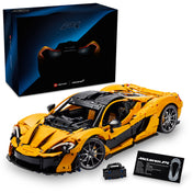 A LEGO Technic McLaren P1 (42172) készlet és doboza együtt – a sárga szupersportautó modell fekete alapon, mellette információs tábla és kis kiegészítők.