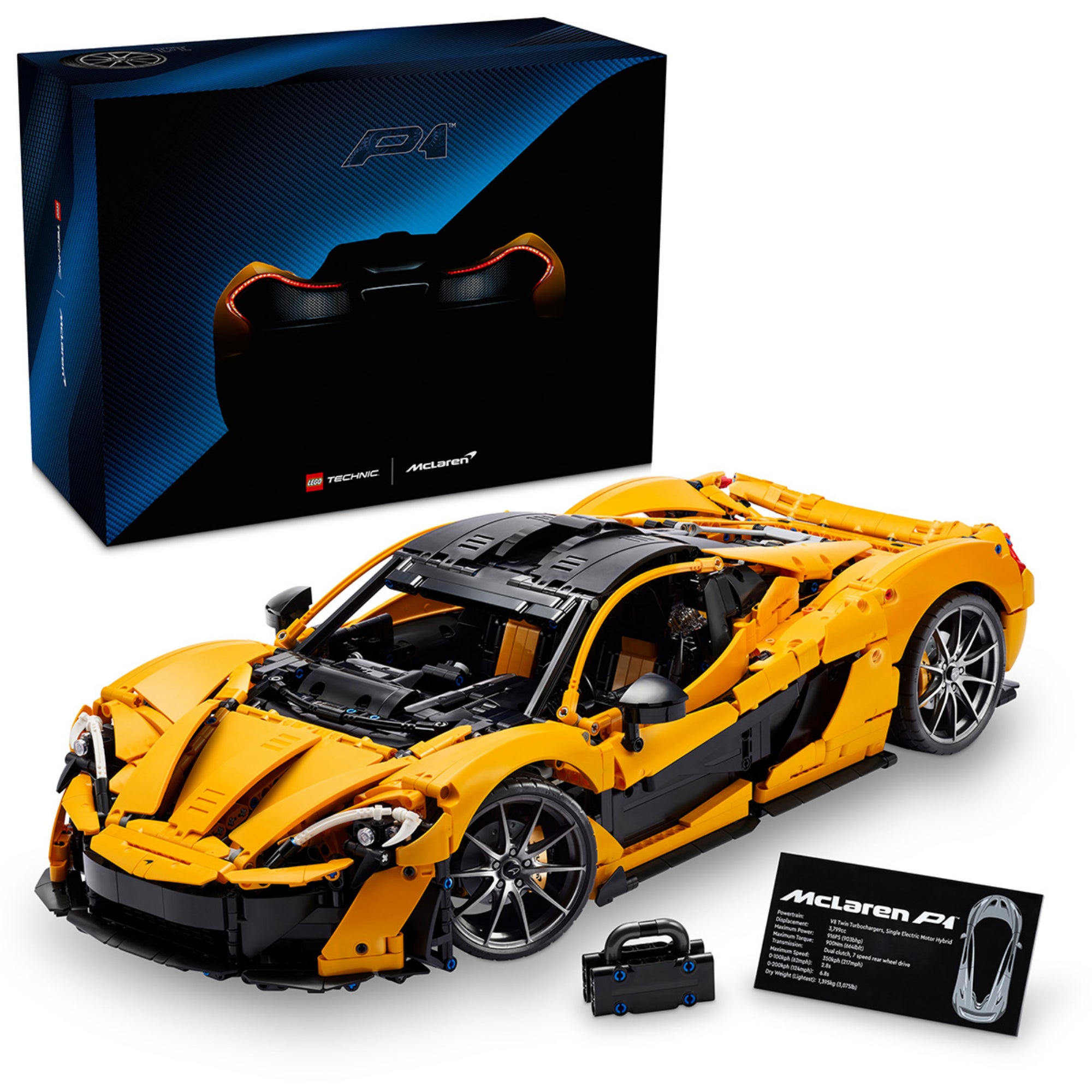 A LEGO Technic McLaren P1 (42172) készlet és doboza együtt – a sárga szupersportautó modell fekete alapon, mellette információs tábla és kis kiegészítők.