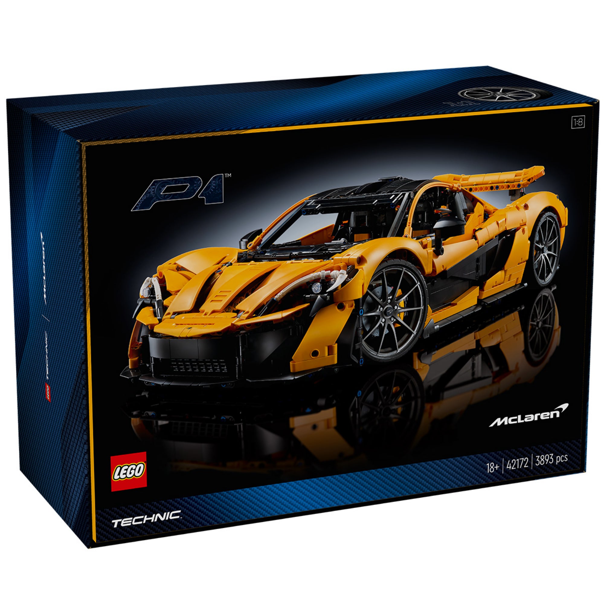 A LEGO Technic McLaren P1 (42172) doboza, amelyen a részletes, sárga autómodell látható modern, sötétkék háttérrel és karbonmintás dizájnnal.