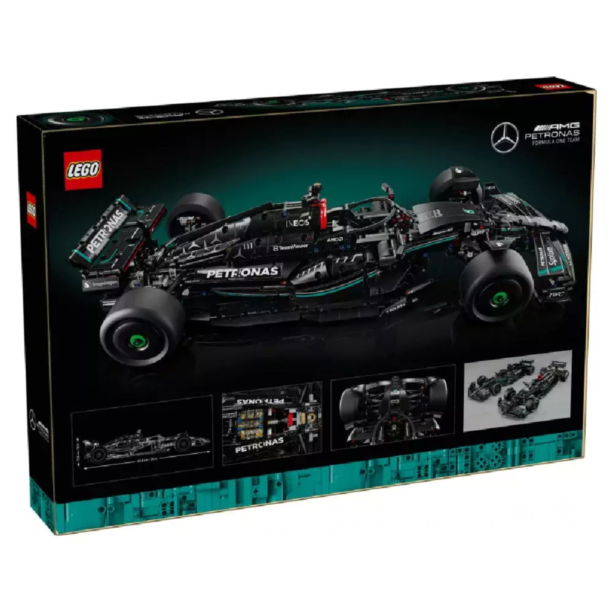 A LEGO Technic Mercedes-AMG F1 W14 E Performance doboz hátoldala, amely oldalnézeti képet, műszaki részleteket és a modell különböző funkcióit tartalmazó grafikákat mutat.