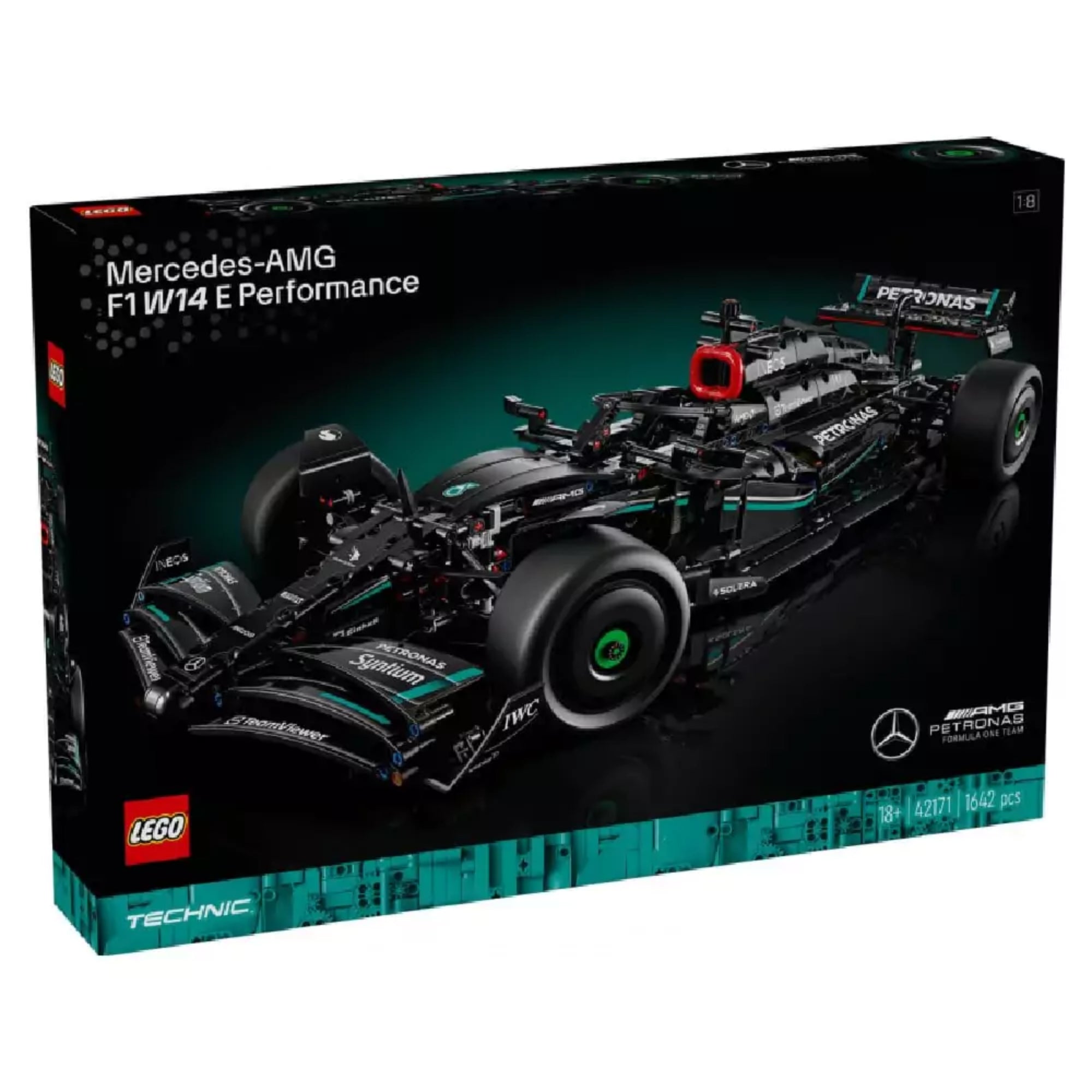 A LEGO Technic 42171 Mercedes-AMG F1 W14 E Performance készlet doboza, amely a kész modellt dinamikus versenypályás háttérrel mutatja be, a dobozon jól látható a 18+ korosztály megjelölés és a darabszám (1643).