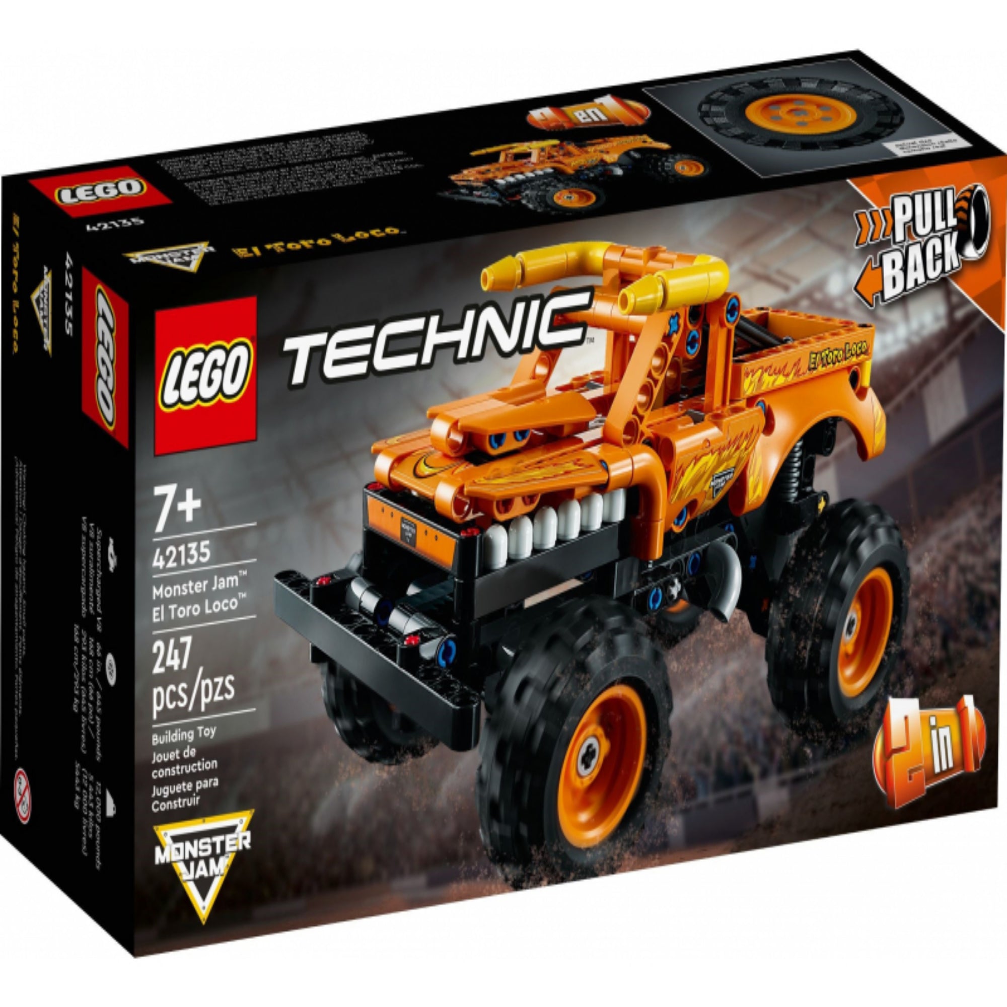 A LEGO Technic Monster Jam El Toro Loco (42135) szett doboza, amelyen a narancssárga pull-back monster truck látható akció közben, 247 építőelemmel és 2 az 1-ben modelllehetőséggel.