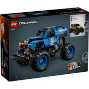 LEGO Technic Monster Jam Grave Digger (42219) – a doboz hátoldala, Pull-Back funkció és átalakítható modell bemutatása.