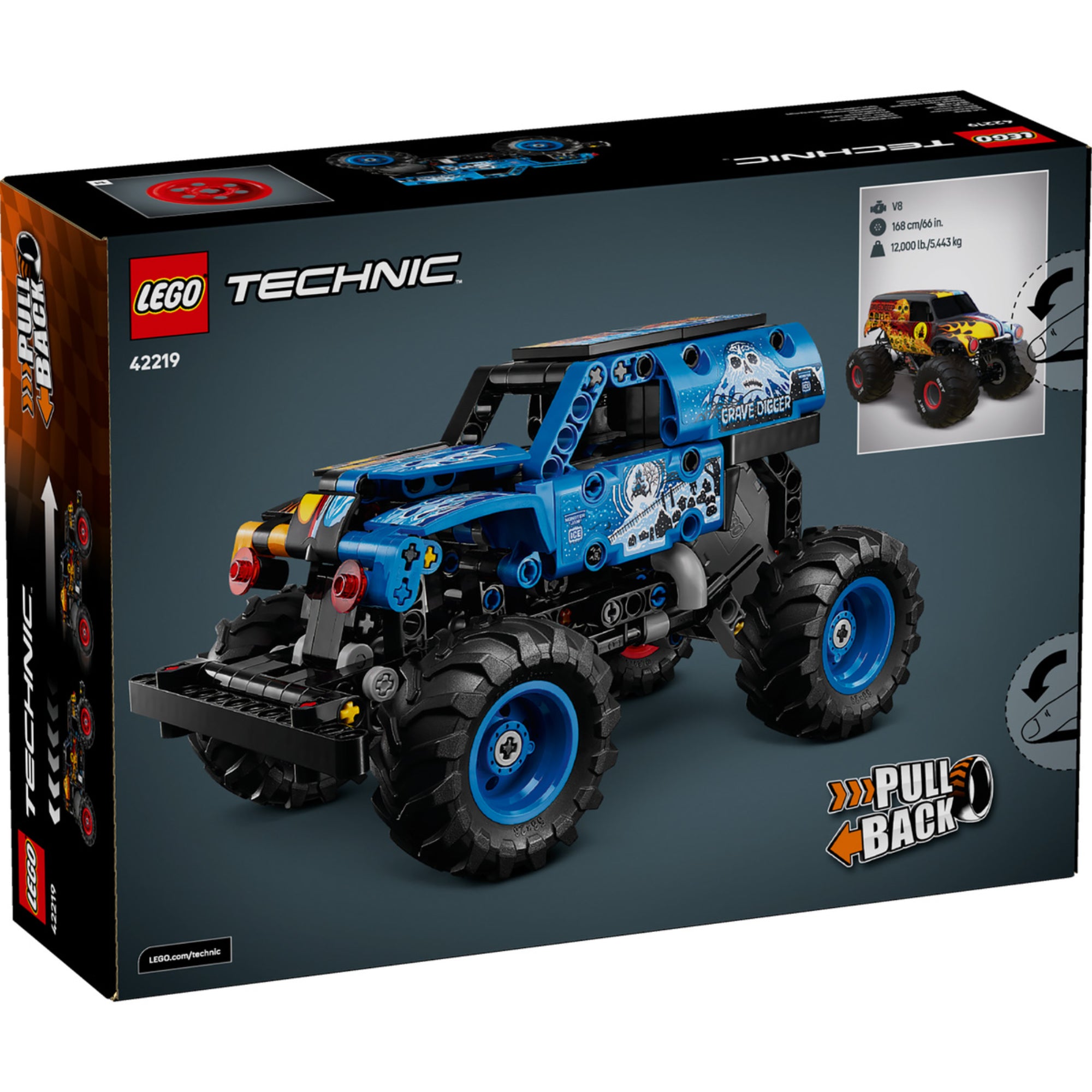 LEGO Technic Monster Jam Grave Digger (42219) – a doboz hátoldala, Pull-Back funkció és átalakítható modell bemutatása.