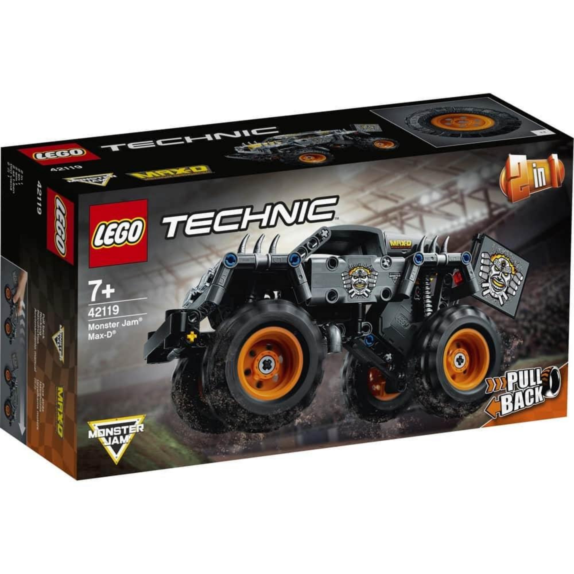 A LEGO Technic Monster Jam Max-D 2 az 1-ben készlet doboza, amelyen a látványos narancssárga-fekete szörnyeteg teherautó látható, erős tüskés díszítéssel és hatalmas kerekekkel.
