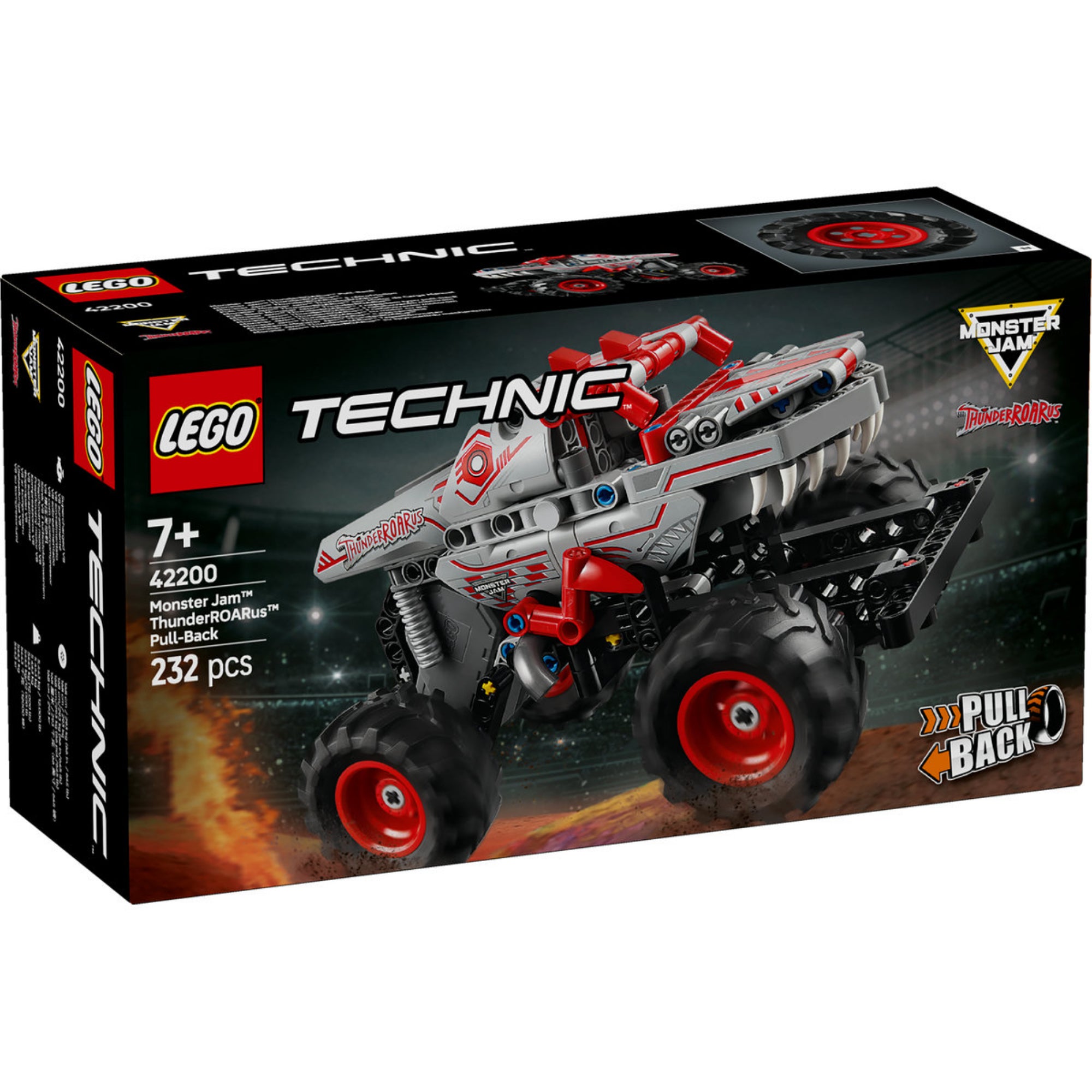 A LEGO Technic Monster Jam ThunderROARus szett doboza, amelyen egy részletesen kidolgozott monster truck látható pull-back mechanizmussal. A dizájn piros, szürke és fekete színeket használ, monster truck stílusjegyekkel. A szett száma: 42200.
