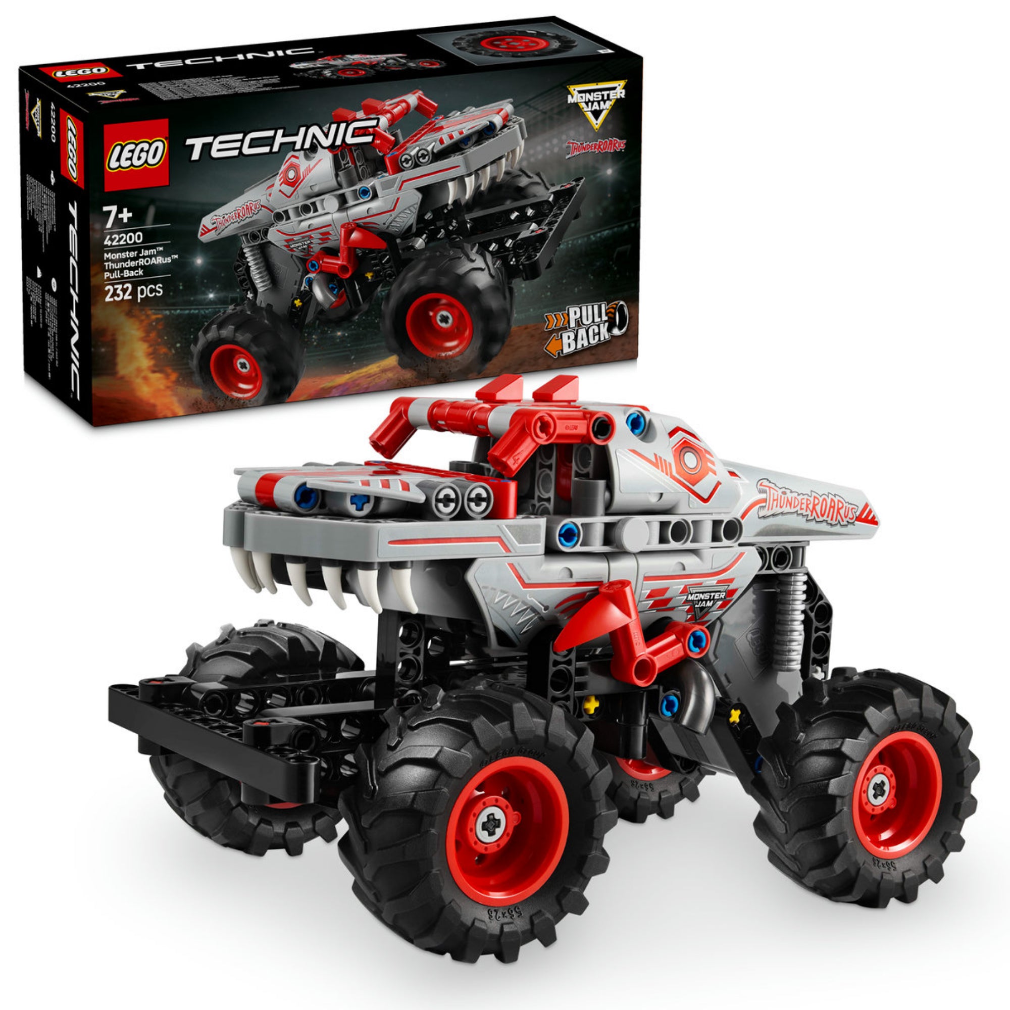 A LEGO Technic Monster Jam ThunderROARus pull-back teherautója a dobozával együtt látható, amely 232 darabból áll. A jármű piros és szürke dizájnnal, nagy kerekekkel és dinoszaurusz által inspirált részletekkel rendelkezik, például éles fogakkal és mechanikus elemekkel.
