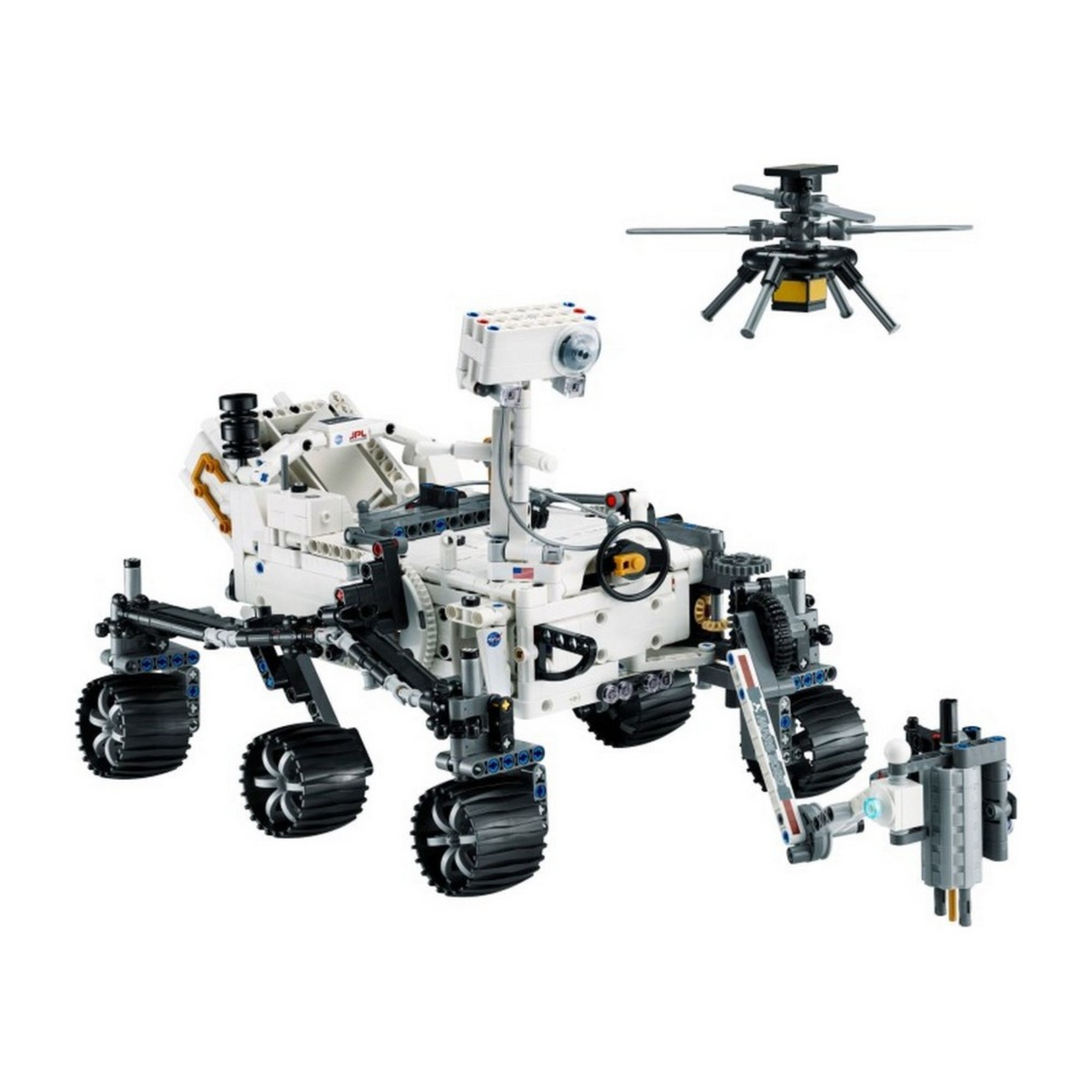 LEGO Technic NASA Mars Rover Perseverance 42158 modell a teljes drónos kiegészítővel, a kerekek és karok mozgatható elemei, valamint az Ingenuity helikopter is látható a kép jobb felső sarkában.