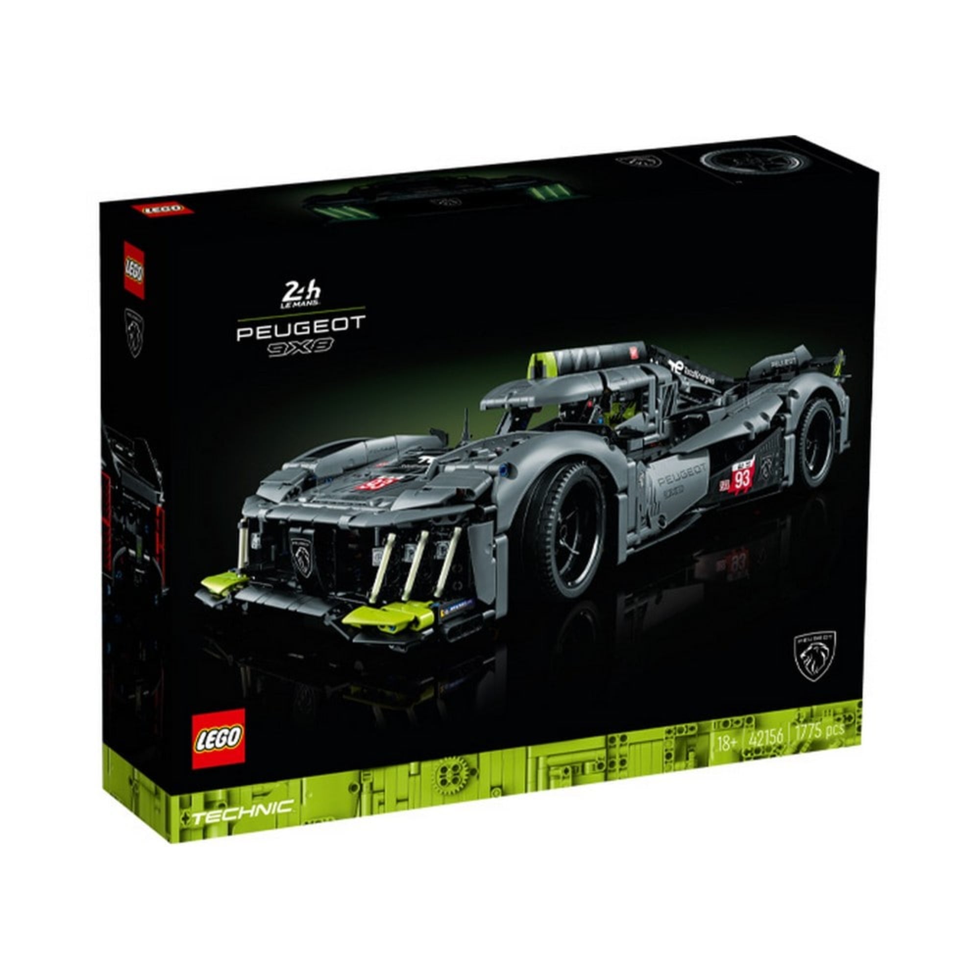 A LEGO Technic PEUGEOT 9X8 (42156) hivatalos doboza fekete alapon, zöld részletekkel, a készlet grafikájával, valamint a Le Mans logóval és a 18+ korosztály jelzésével.