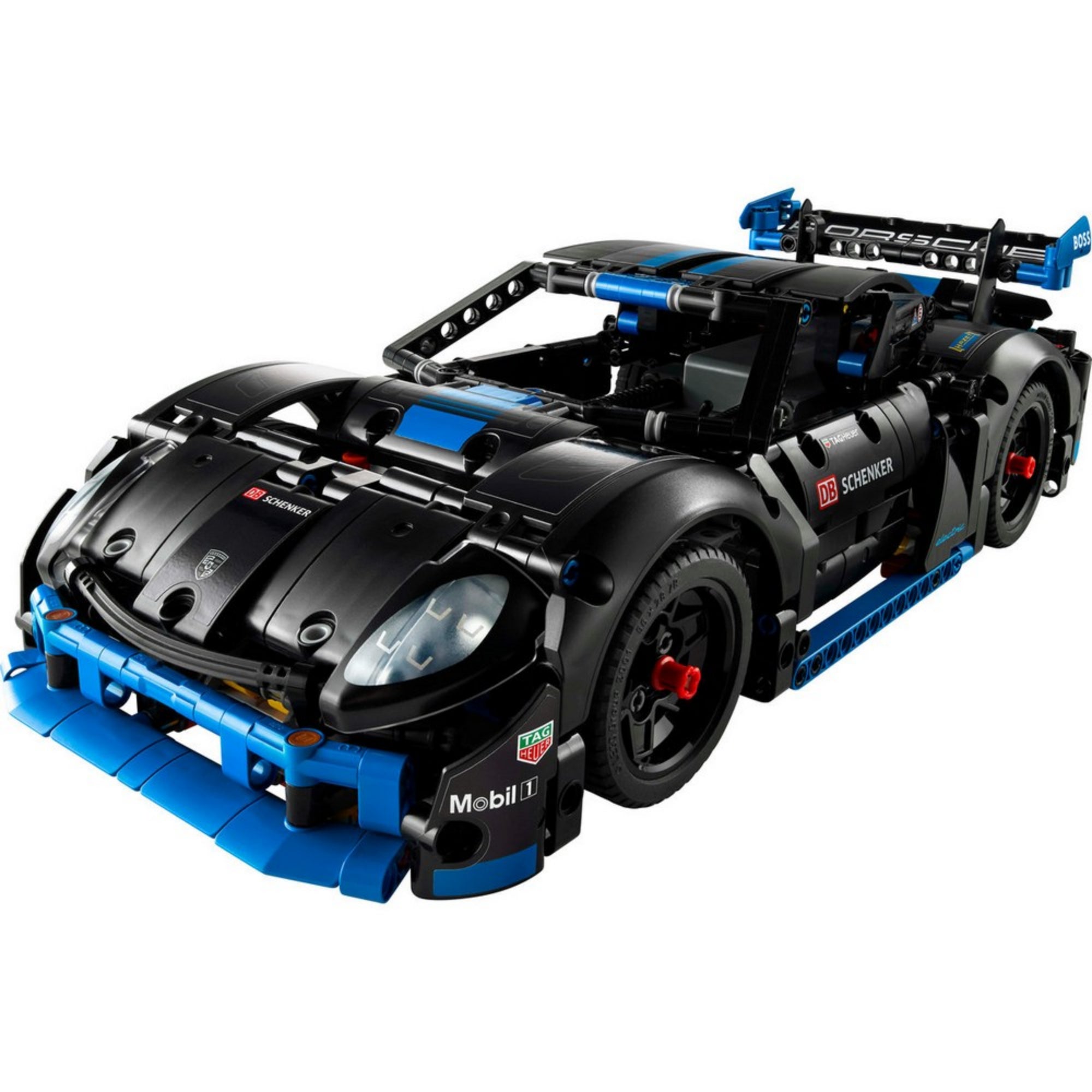 A teljesen összeépített LEGO Technic Porsche GT4 e-Performance fekete-kék színvilágban, részletes versenyautó kialakítással, matricázással és spoilerekkel.