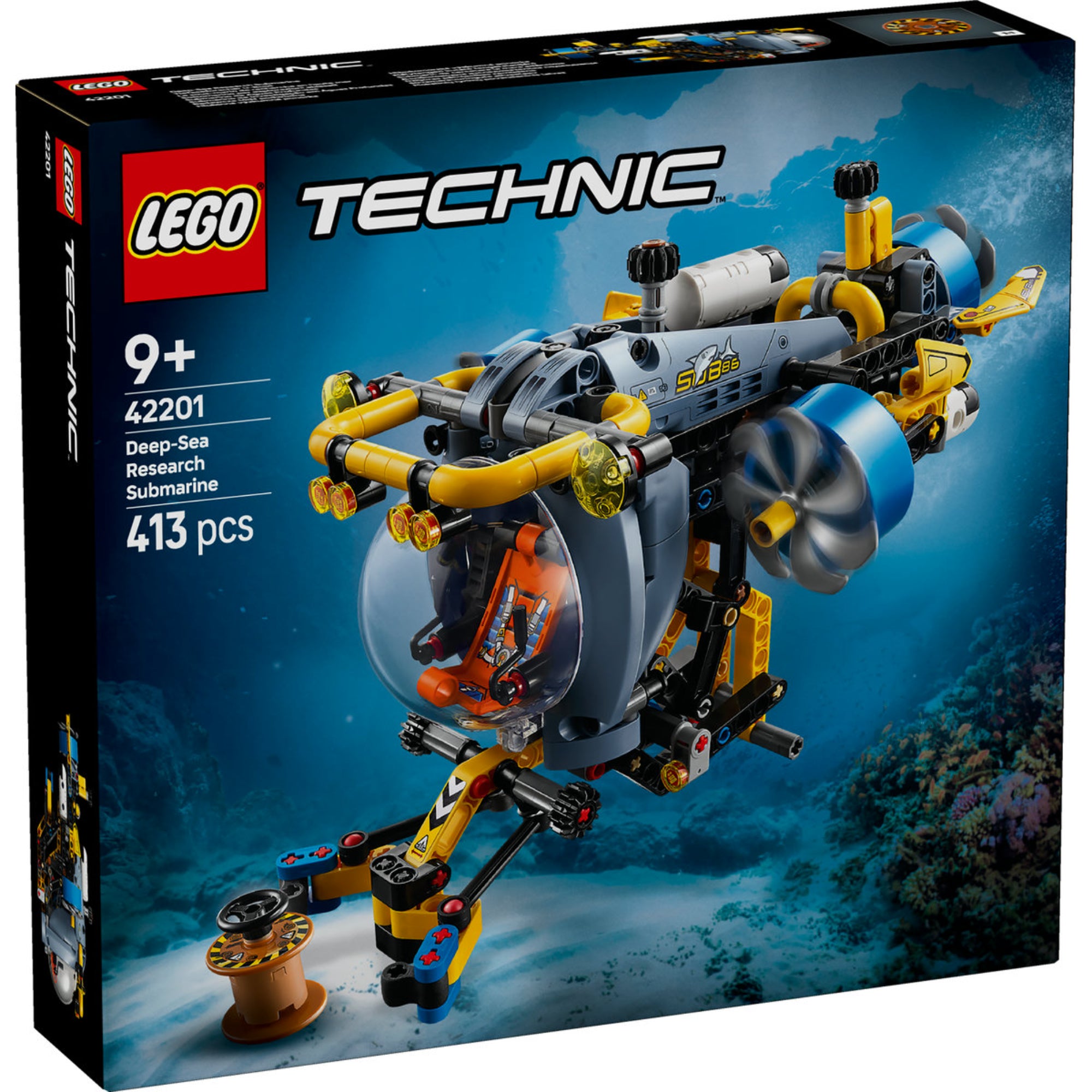 LEGO Technic Tengeralattjáró Kutatójármű 42201 a dobozán, részletesen bemutatva a forgatható propellereket, a kinyújtható kart és a pilótafülkét.