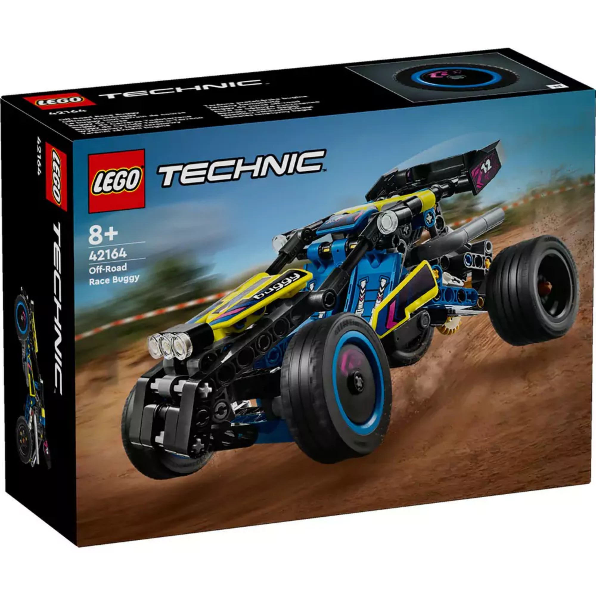 LEGO Technic Verseny homokfutó 42164 doboza, amelyen a kész jármű látható terepen száguldva, 8+ korosztály és 219 darabos jelöléssel